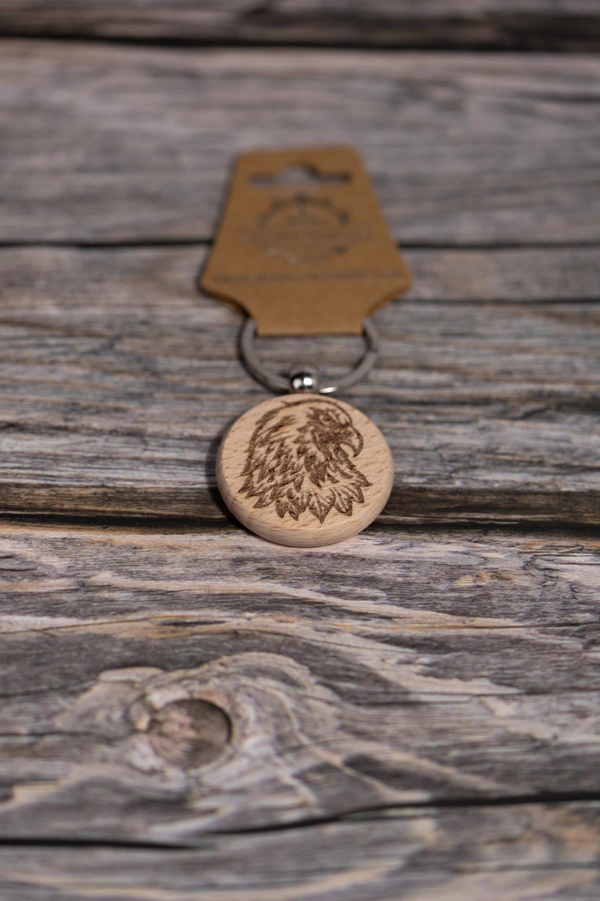 Hardwood Eagle Keychain - Rustic Laser Engraved Charm with Stainless Steel Hardware