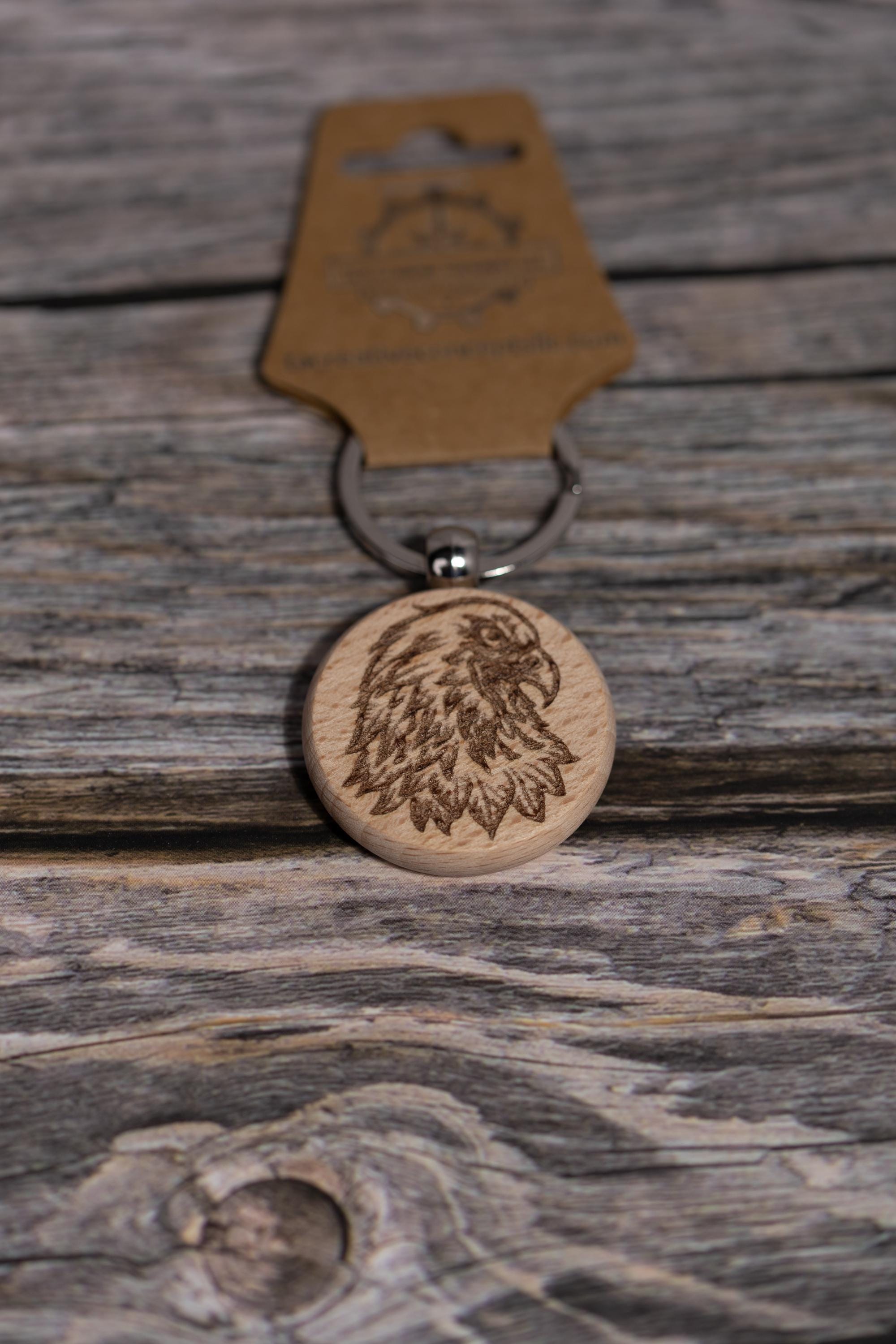 Hardwood Eagle Keychain - Rustic Laser Engraved Charm with Stainless Steel Hardware