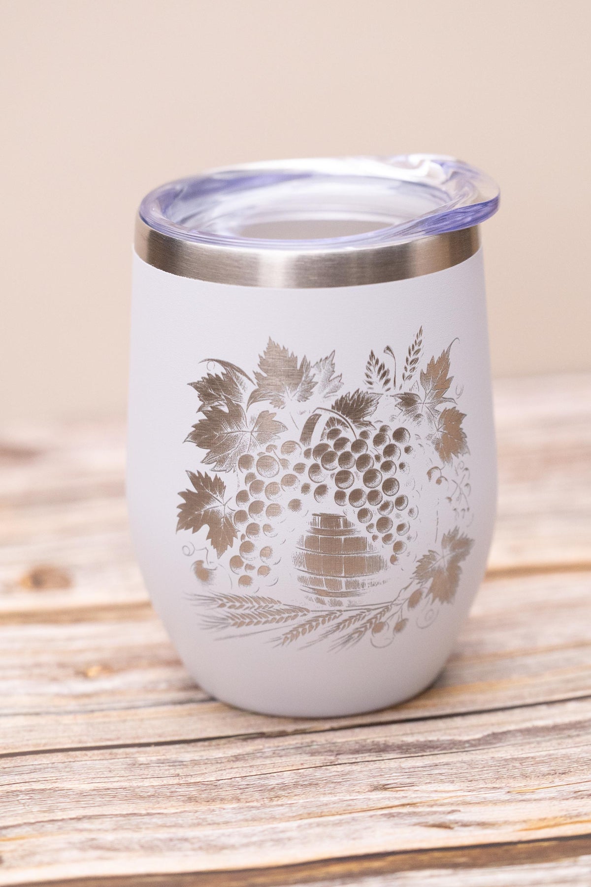 Wine Tumbler - Stainless Steel Cup With Spill Proof Lid & Laser Engraved Grape Design