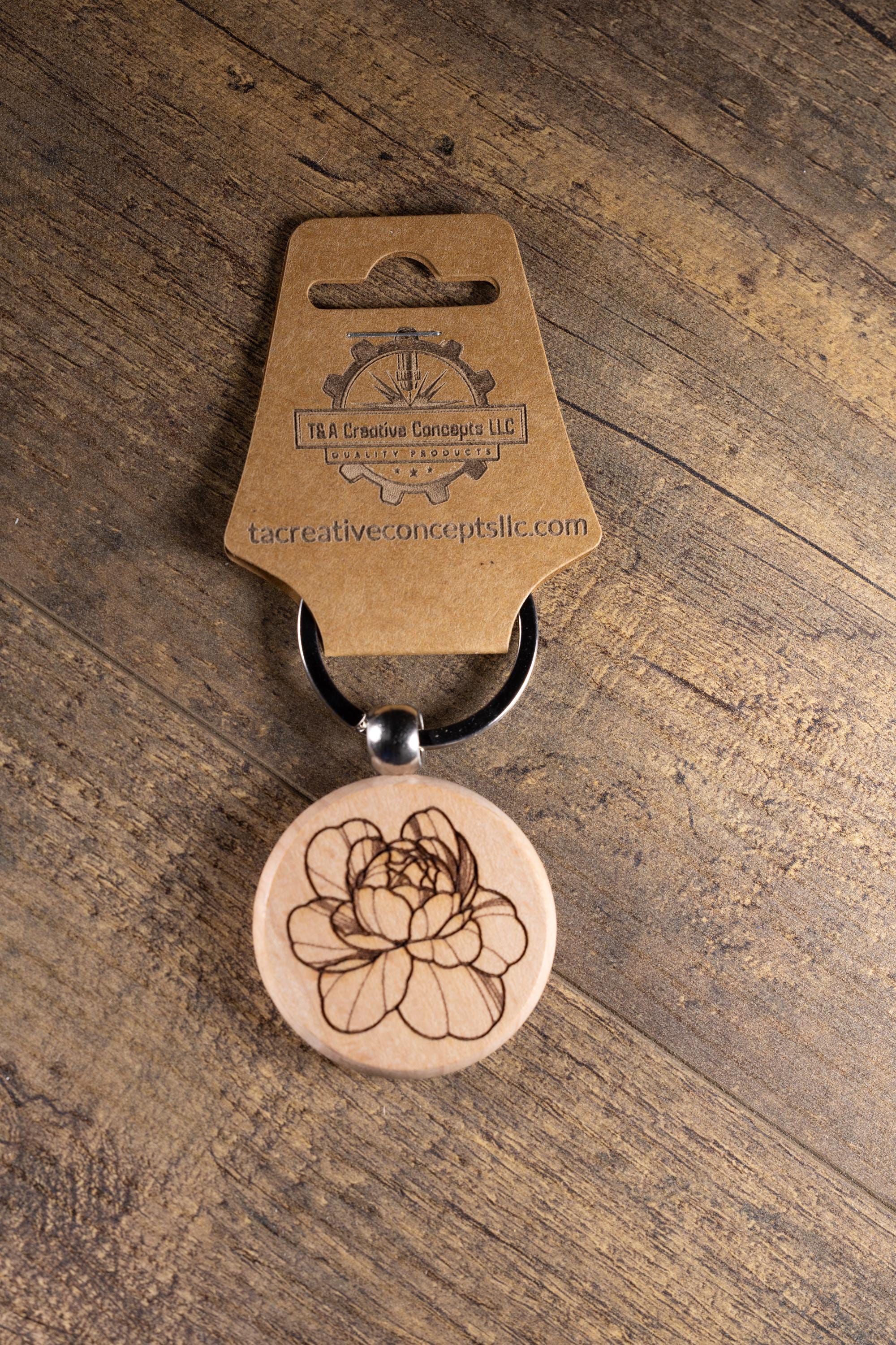 Peony Wood Keychain – Laser Engraved Floral Wood Charm with Stainless Steel Ring