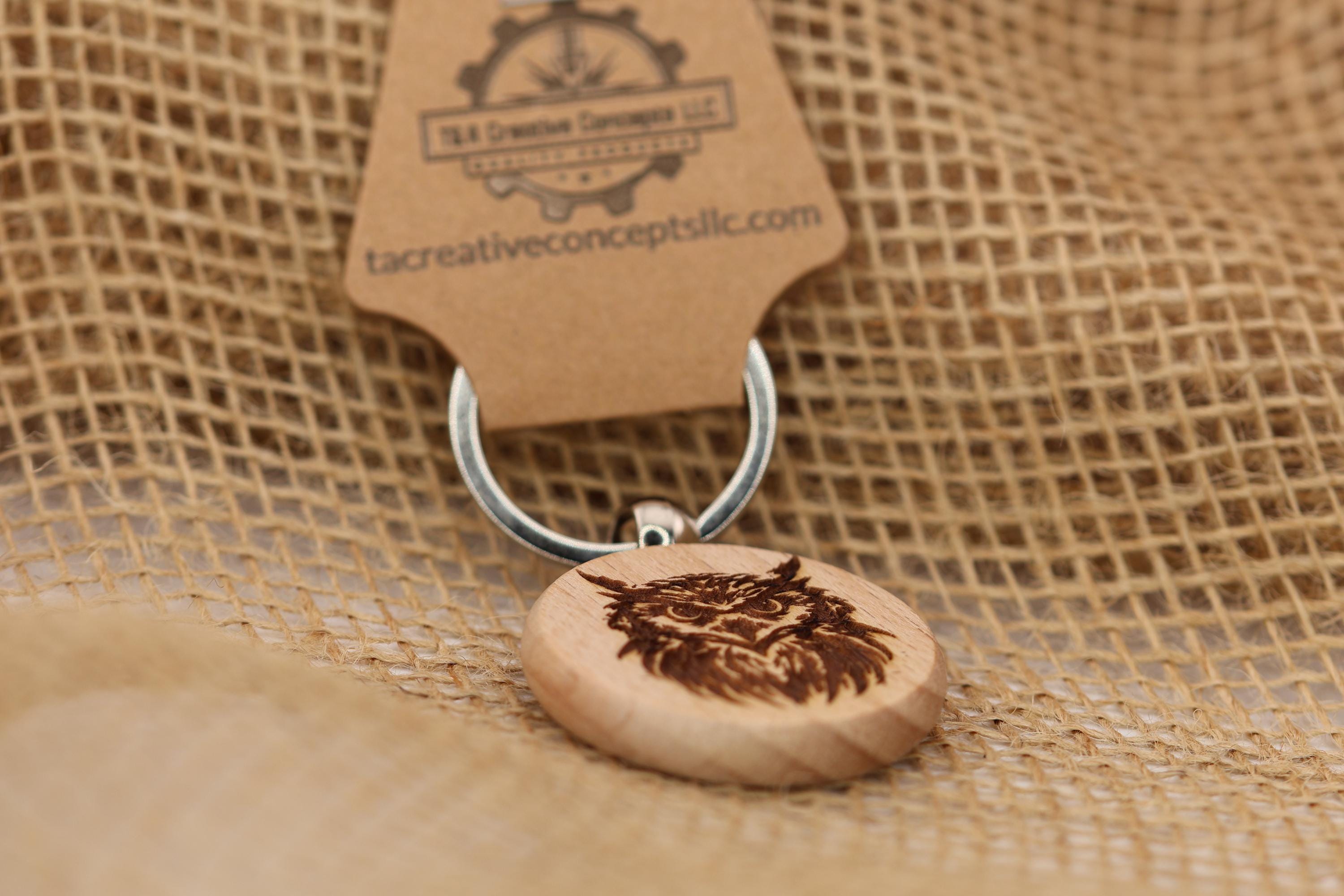 Abstract Owl Keychain - Hardwood Charm with Stainless Steel Ring, Double Sided Design