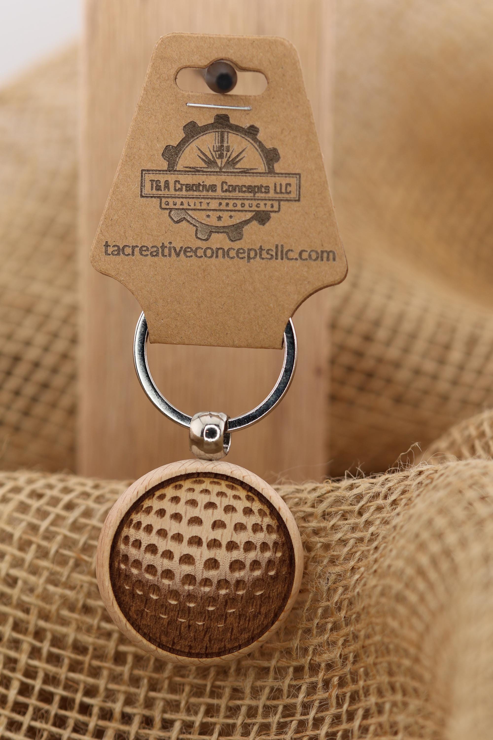 Hardwood Golf Ball Keychain – Laser Engraved Design with Stainless Steel Ring