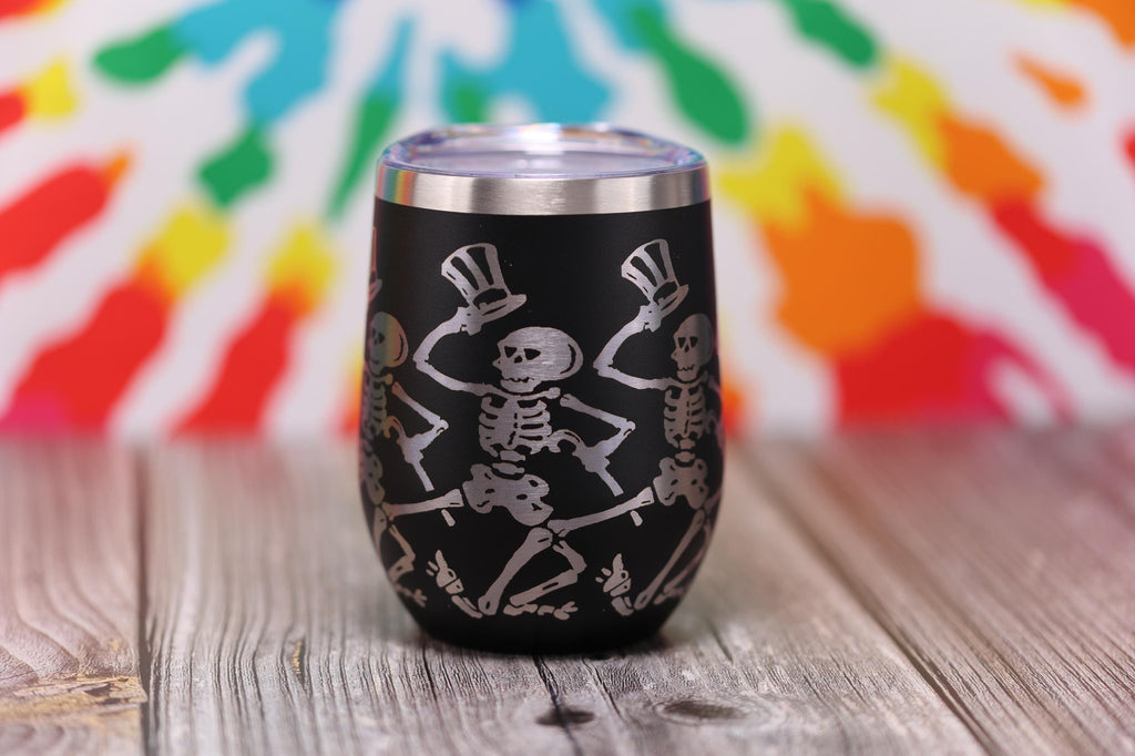 Dancing Skeleton Wine Tumbler - Laser Engraved, Double Wall Vacuum Cup, Custom Color