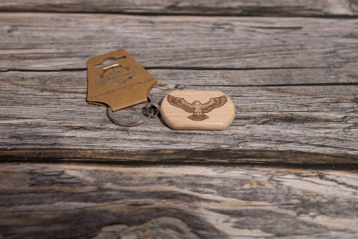 Eagle Keychain Wood - Laser Engraved Rustic Hardwood Charm with Stainless Steel Hardware