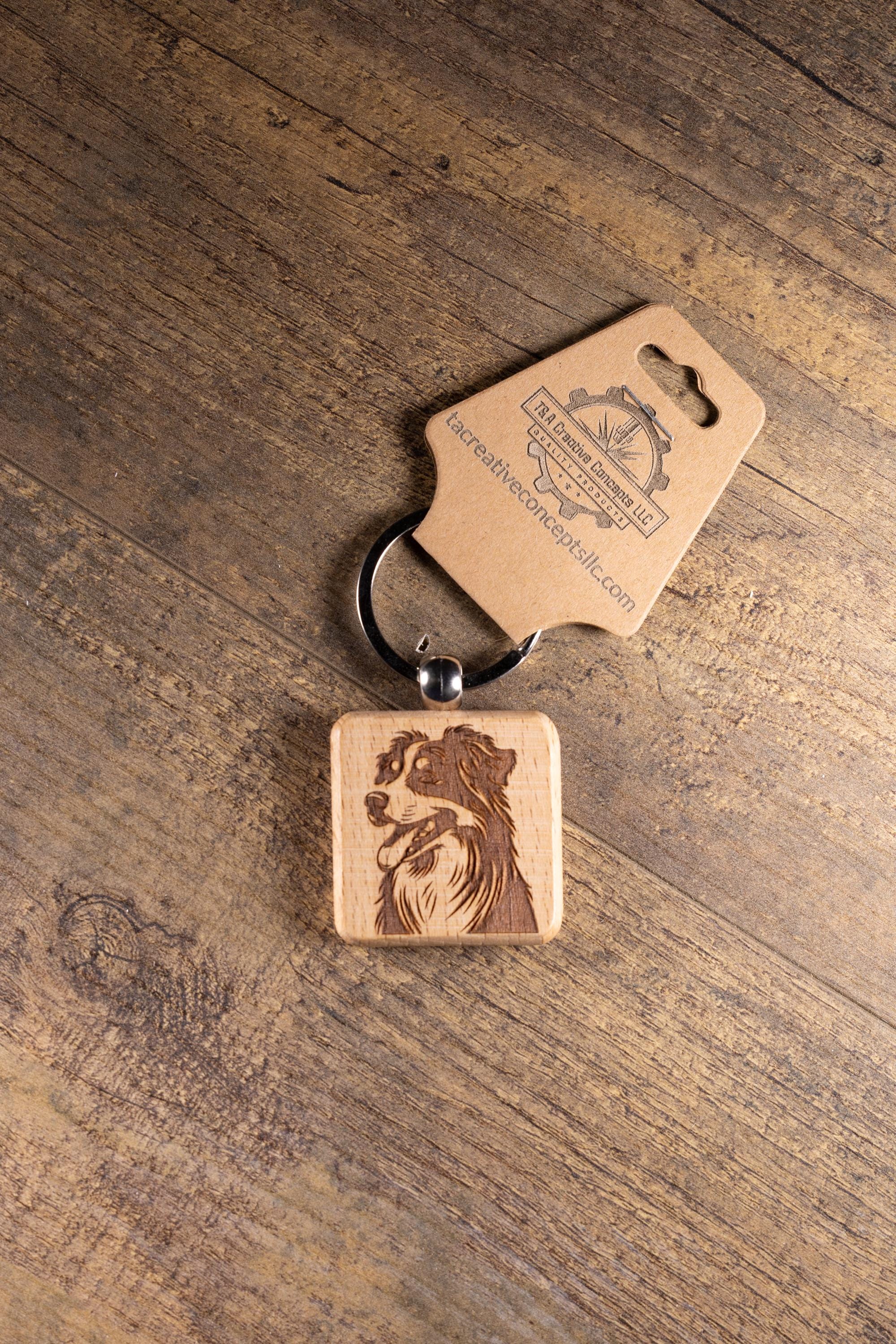 Wooden Dog Keychain - Australian Shepherd Gift | Solid Hardwood Charm, Durable Stainless Steel