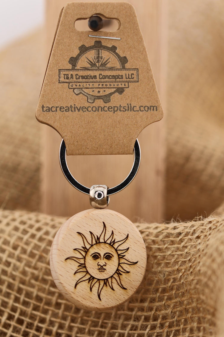 Mystical Sun Keychain - Double Sided Laser Engraved Hardwood Accessory