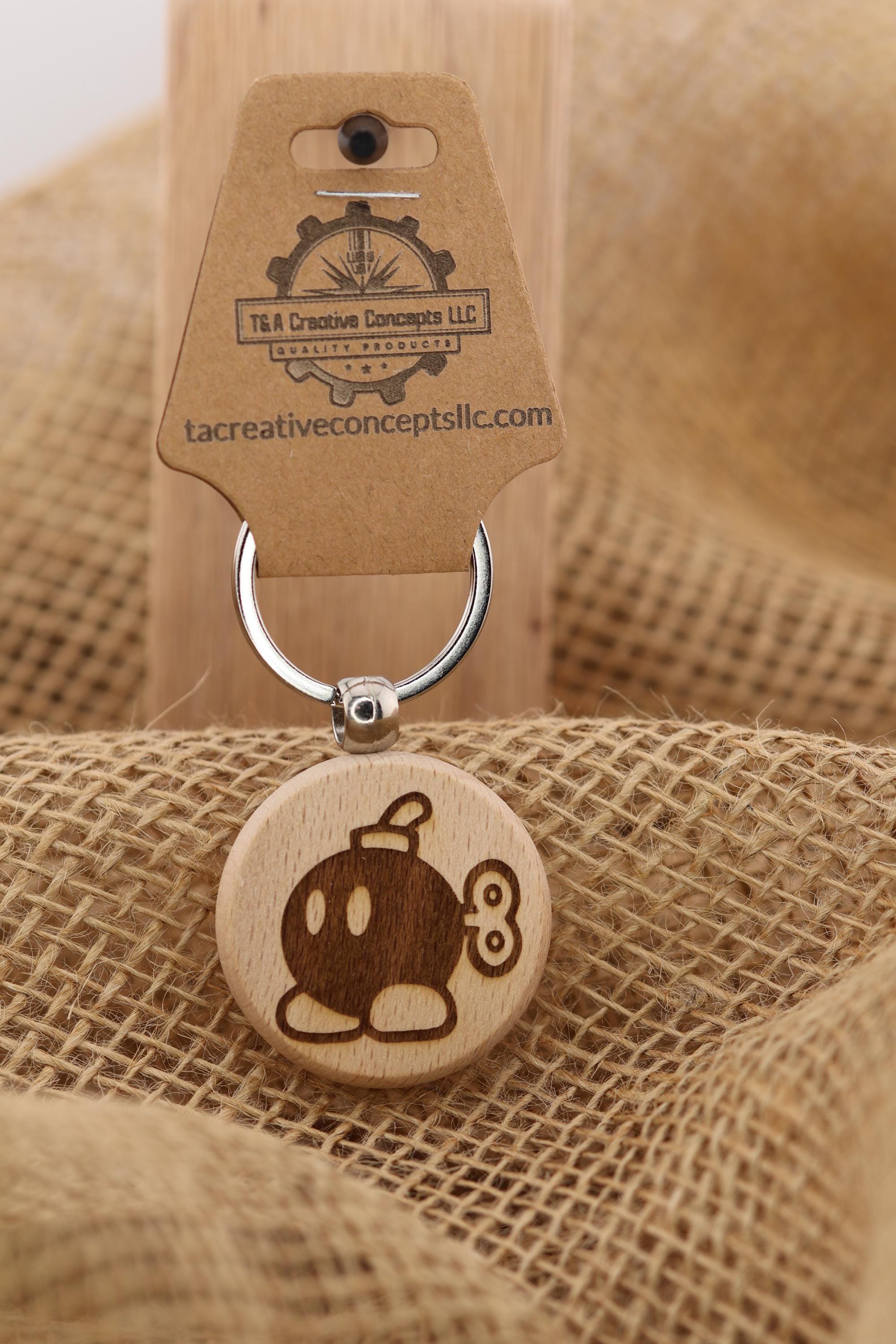 Mario Bob-Omb Keychain – Double-Sided Laser Engraved Hardwood Gift with Stainless Steel Ring