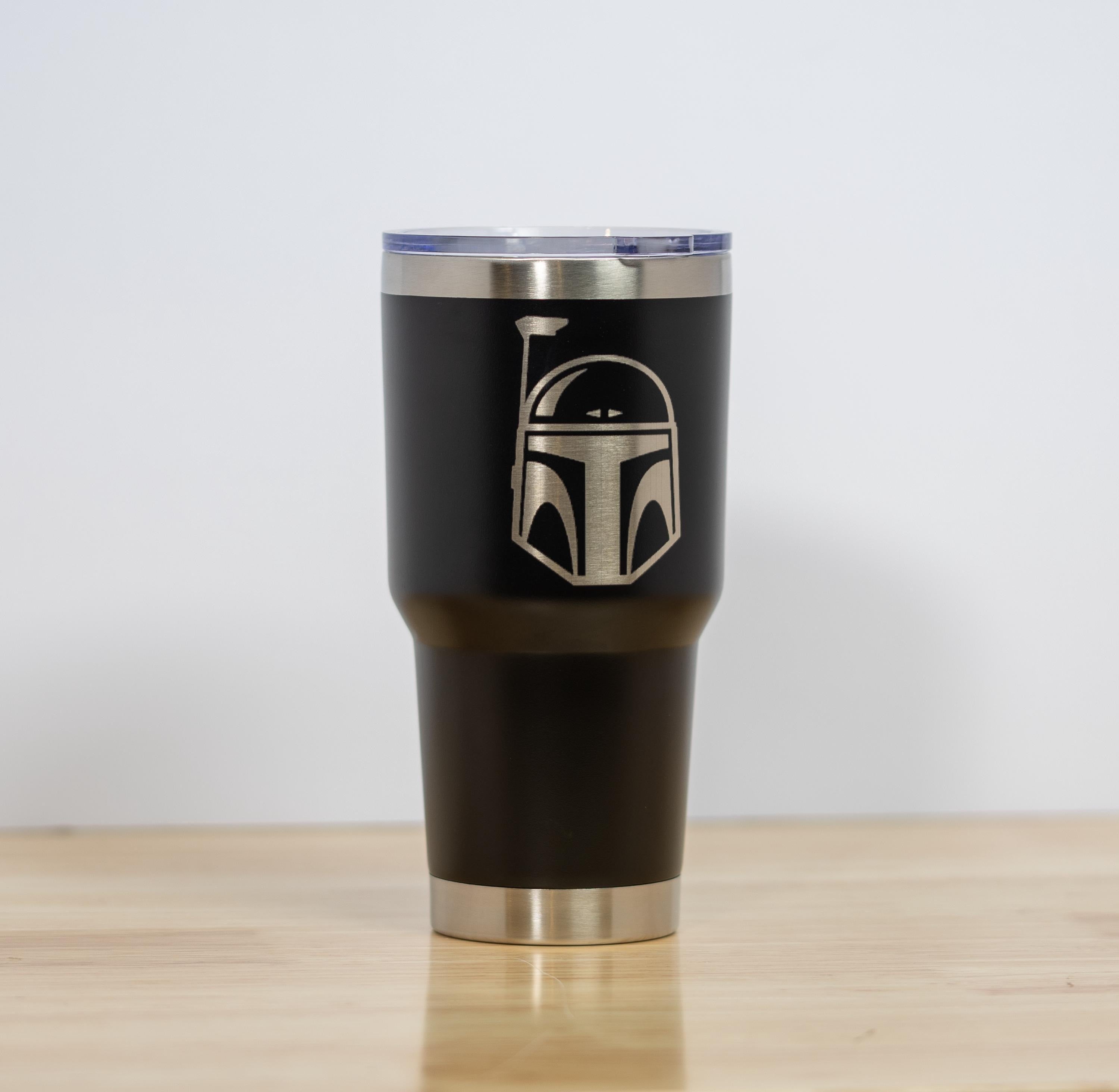 Boba Fett Tumbler – 30oz Stainless Steel Cup | Laser Engraved Helmet, Clear Lid