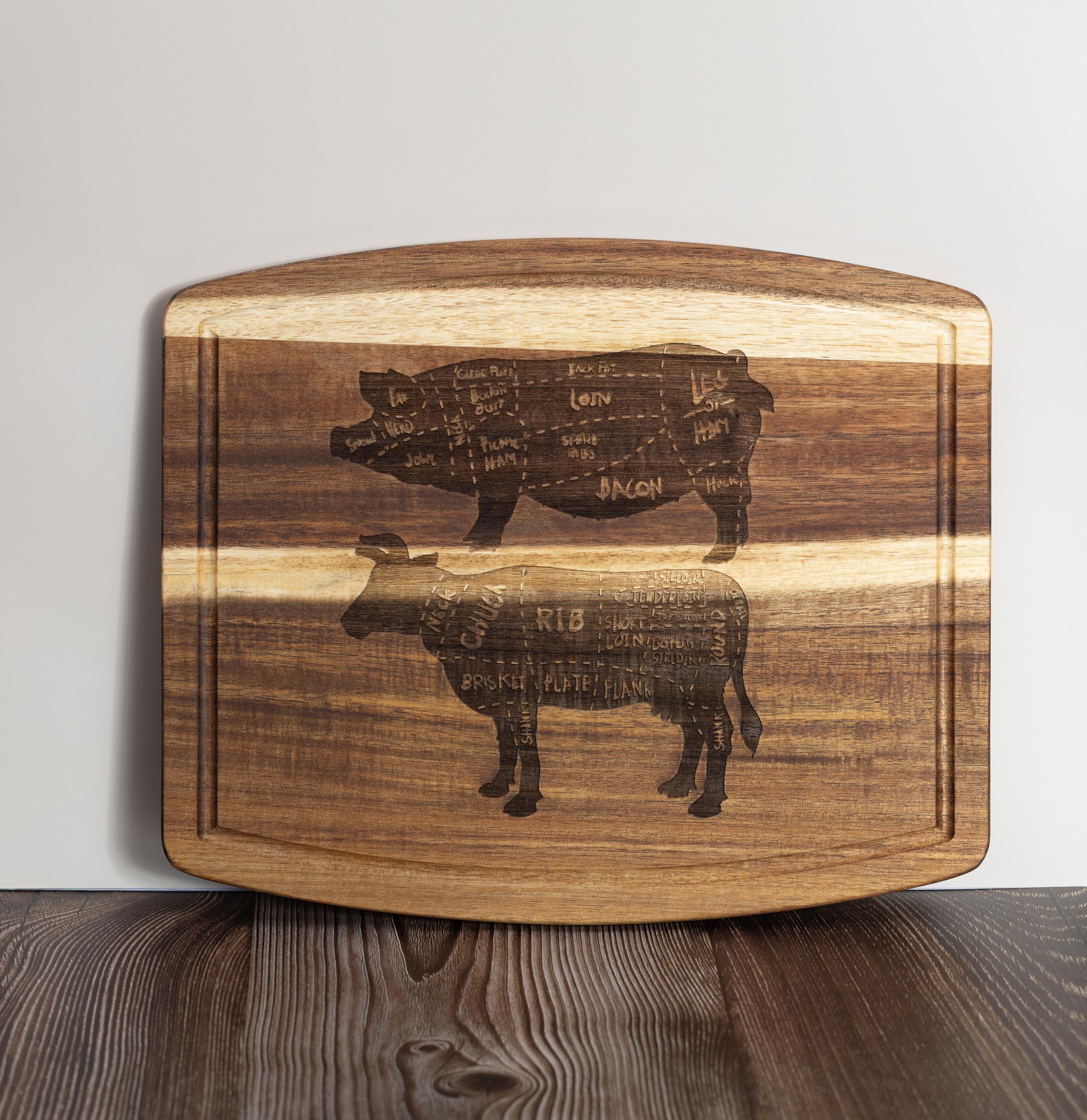 Butcher Diagram Cutting Board - Acacia Wood Pig & Cow Chart, Laser Engraved