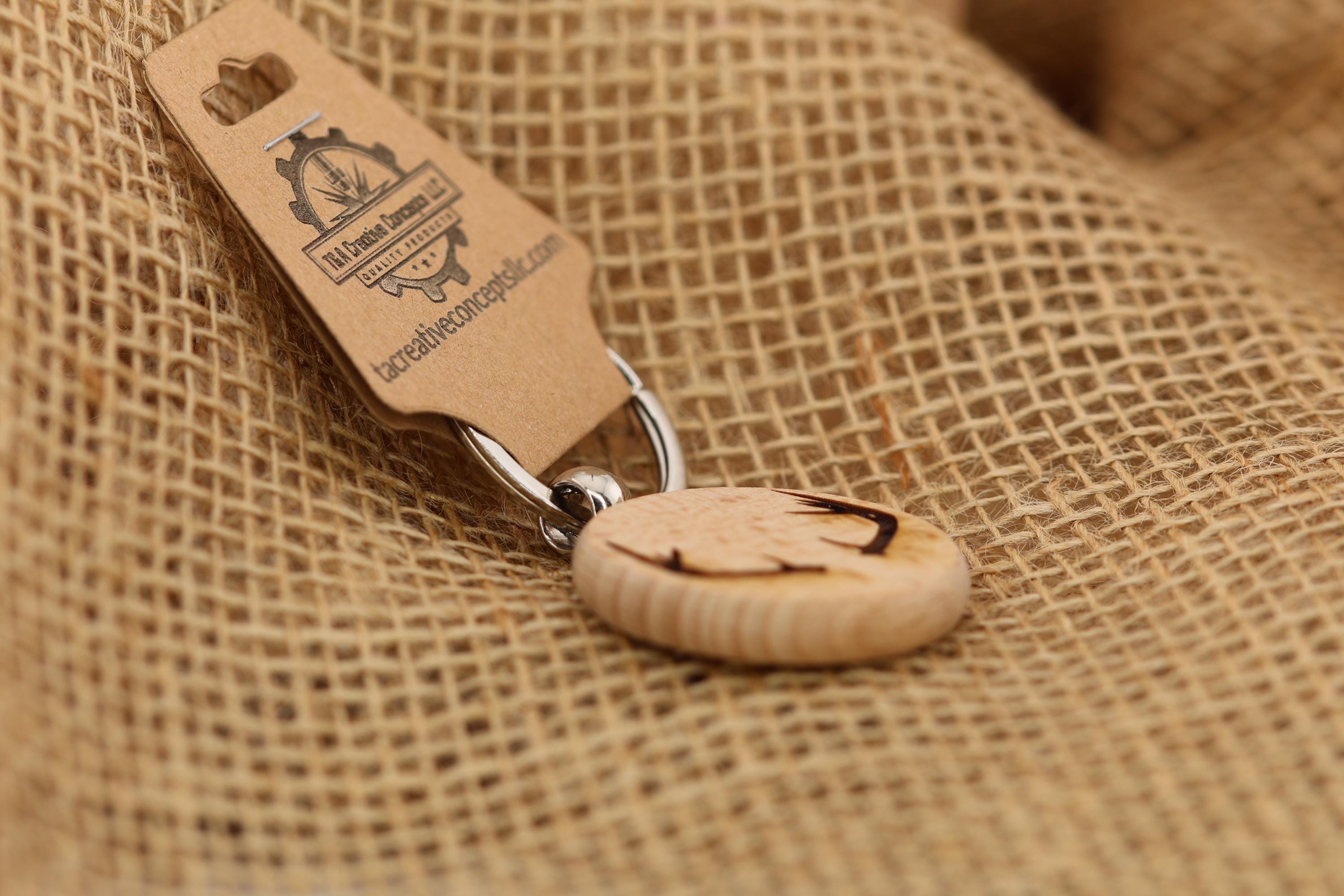 Deer Antlers Keychain – Laser Engraved Hardwood Rustic Bag Charm with Stainless Steel Ring