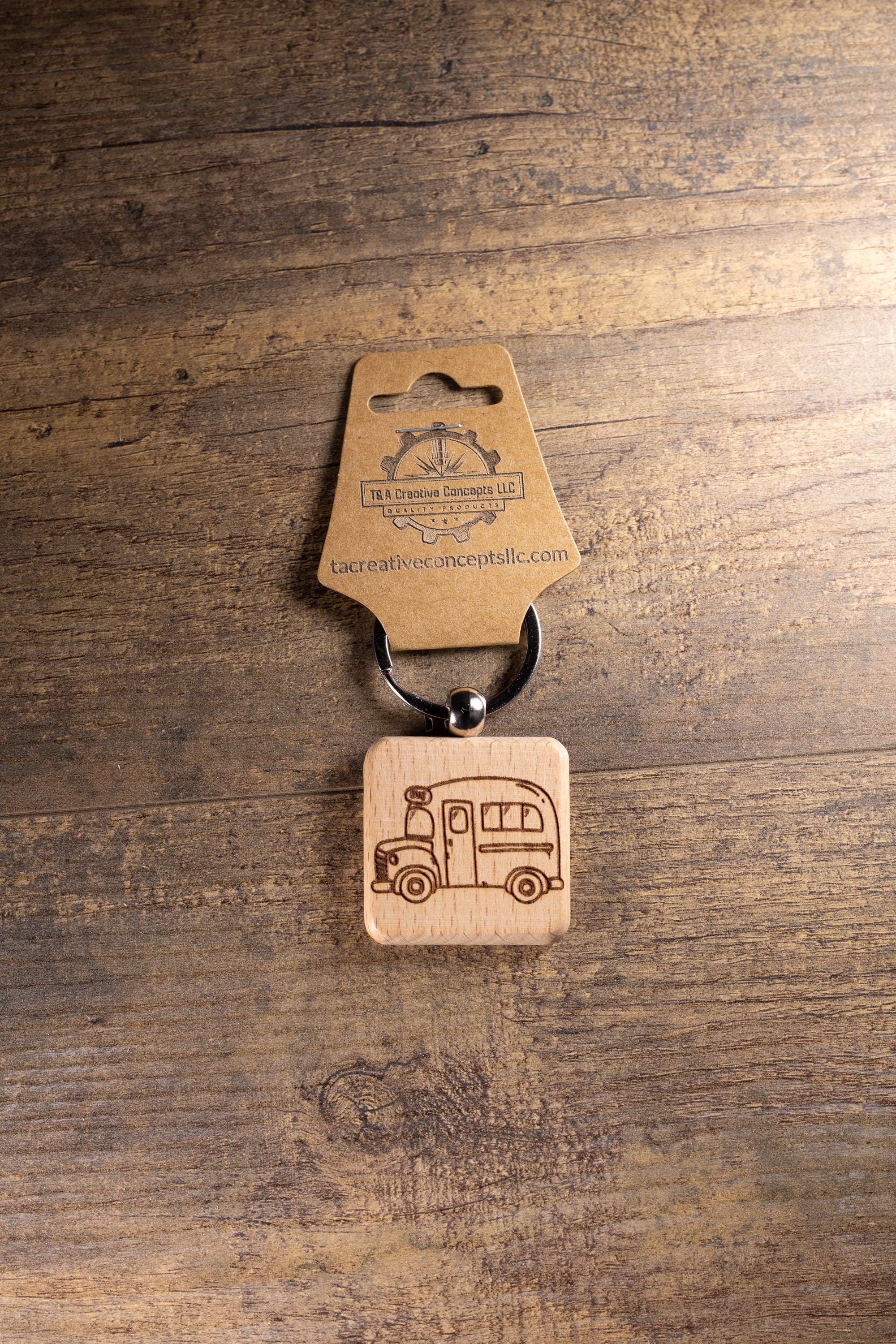School Bus Keychain - Handmade Solid Wood Charm With Stainless Steel Ring