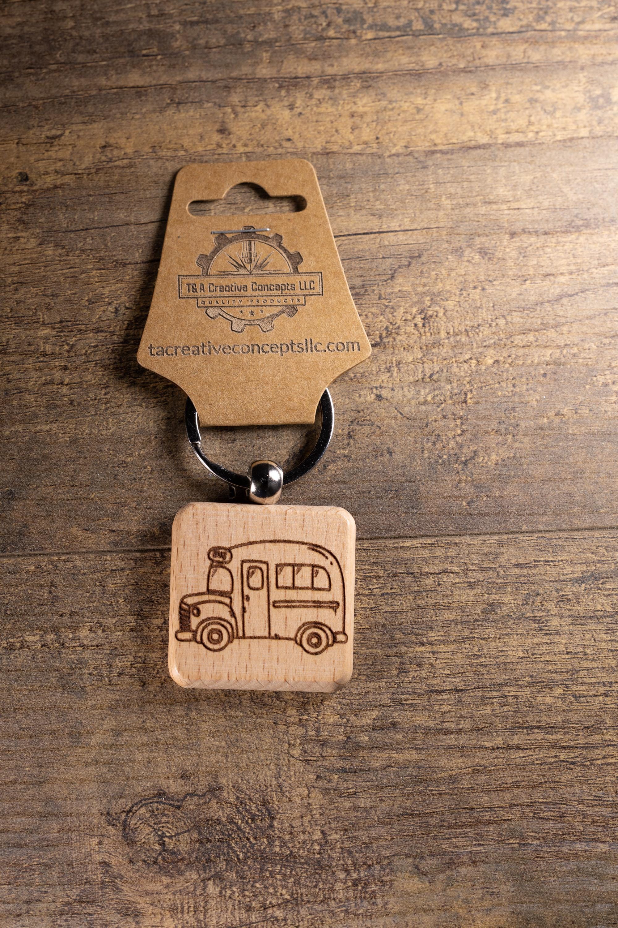 School Bus Keychain - Handmade Solid Wood Charm With Stainless Steel Ring