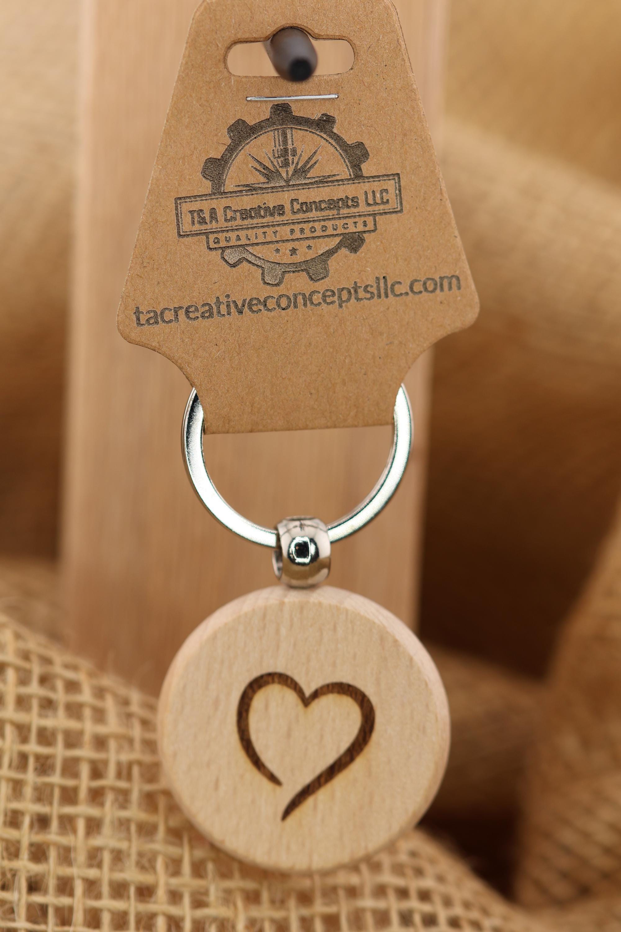 Laser Engraved Heart Keychain - Double Sided Hardwood With Rust Resistant Ring