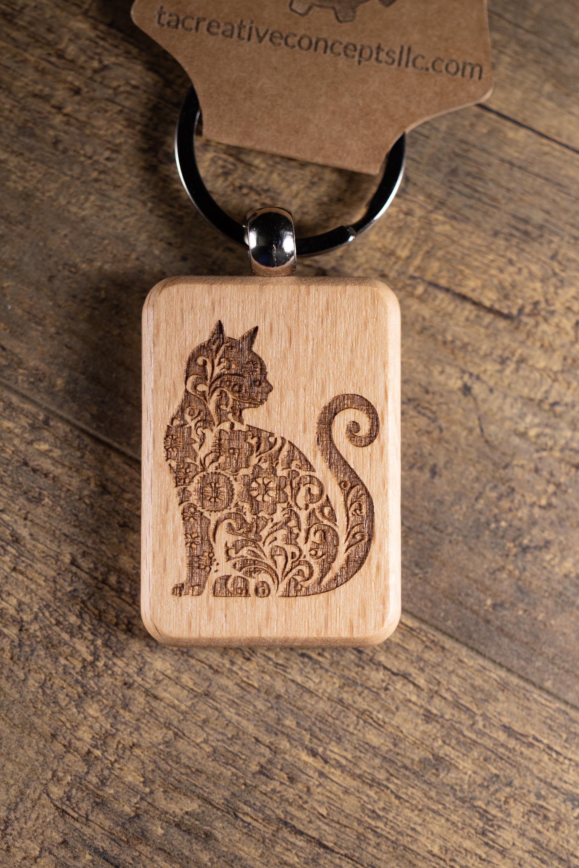 Cat Keychain – Handmade Hardwood Bag Charm with Laser Engraved Wood Design