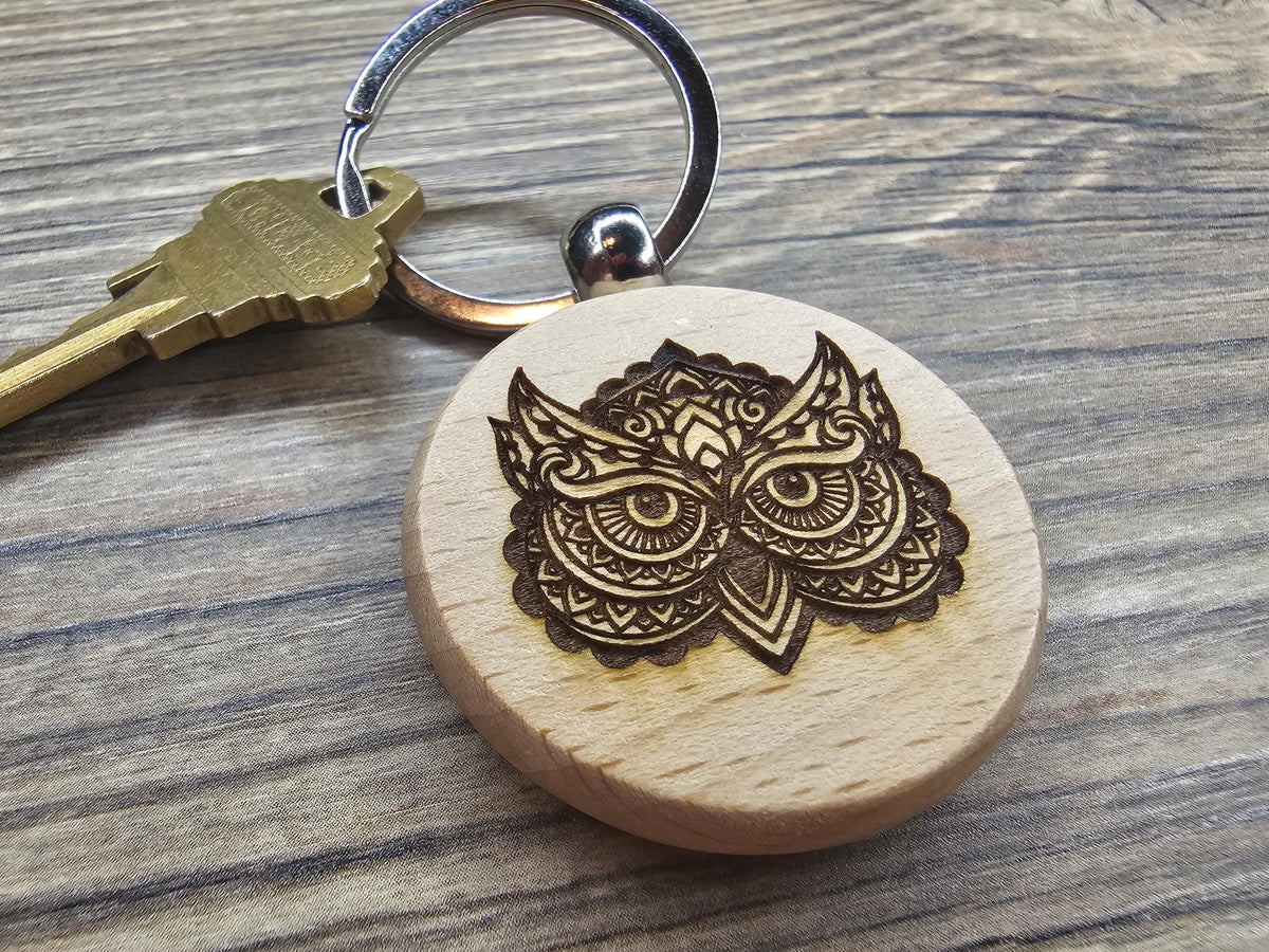 Owl Keychain - Double Sided Charm | Laser Engraved Gift | Rustic Wood Accessory