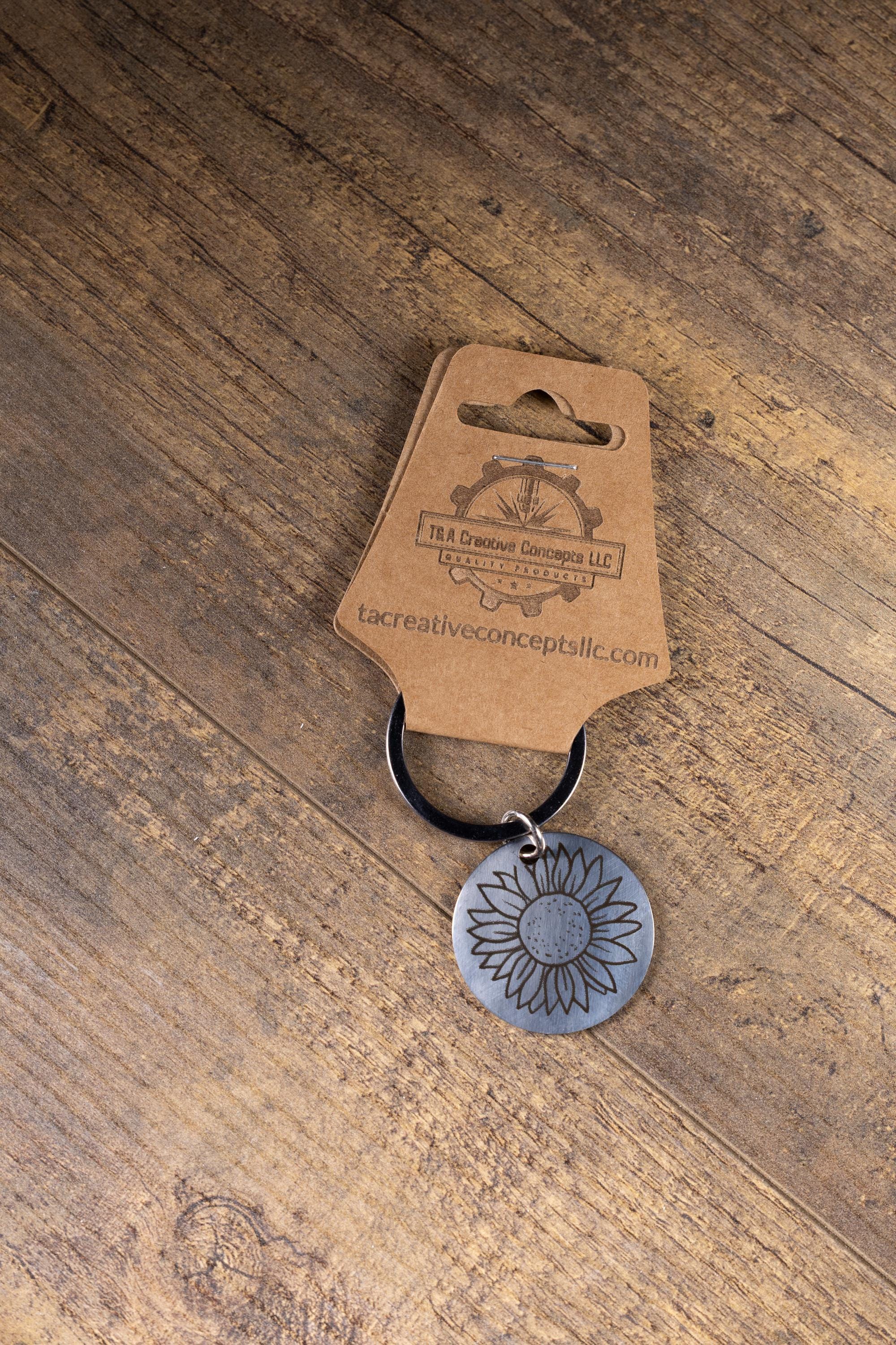 Sunflower Keychain – Polished Stainless Steel Floral Charm | Laser Engraved Accessory