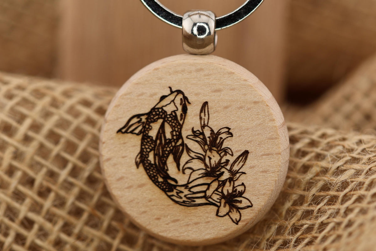 Koi Fish Keychain - Hardwood Laser Engraved Charm with Rust Resistant Ring