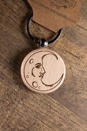 Wooden Moon Keychain – Laser Engraved Celestial Charm with Stainless Steel Hardware