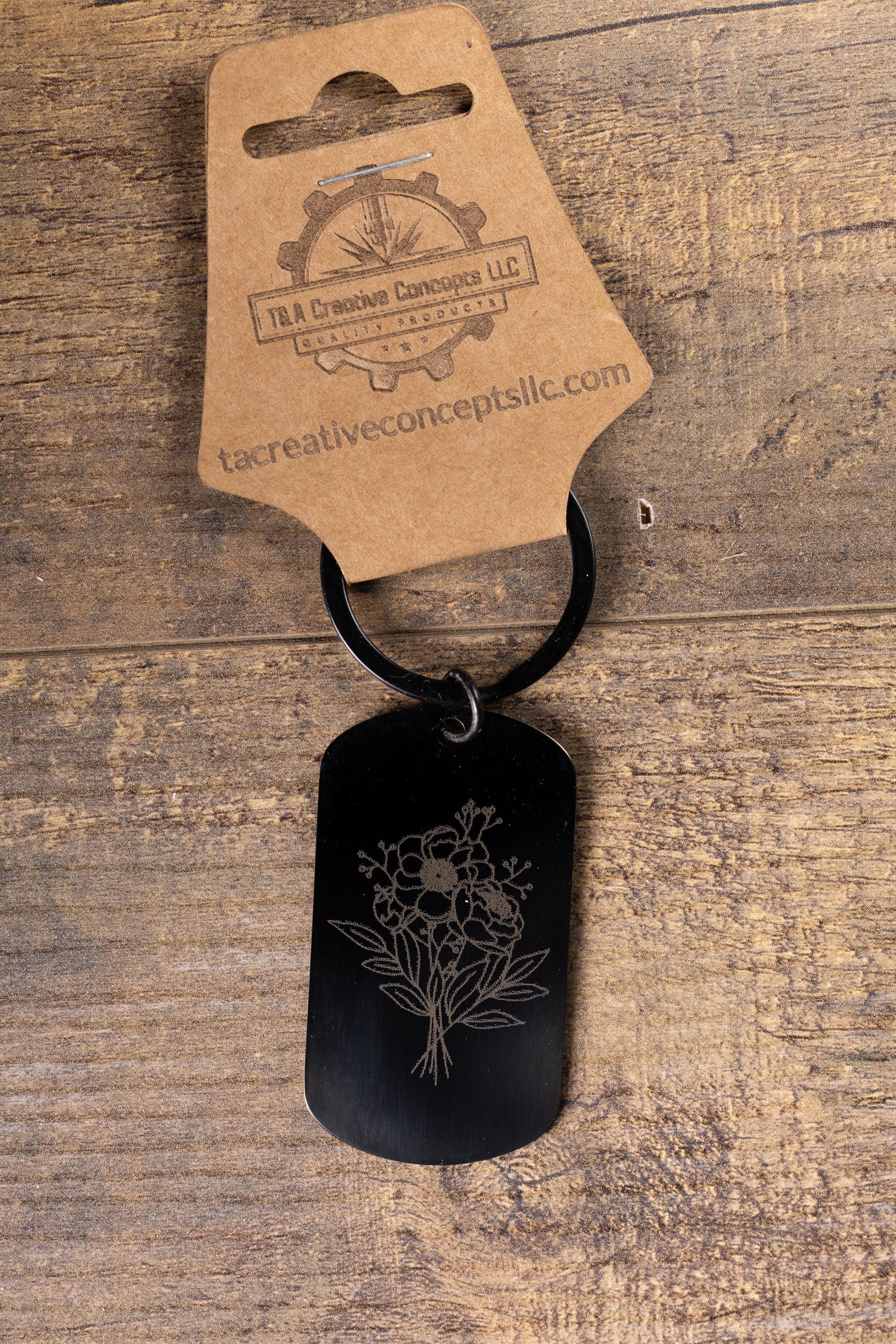 Black Floral Keychain - Laser Engraved Stainless Steel | Durable Everyday Carry