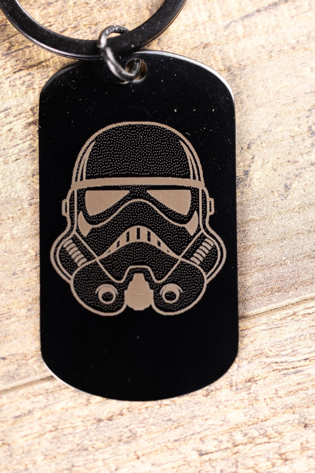 Stormtrooper Keychain - Black Stainless Steel Laser Engraved Helmet Design, Matte Finish