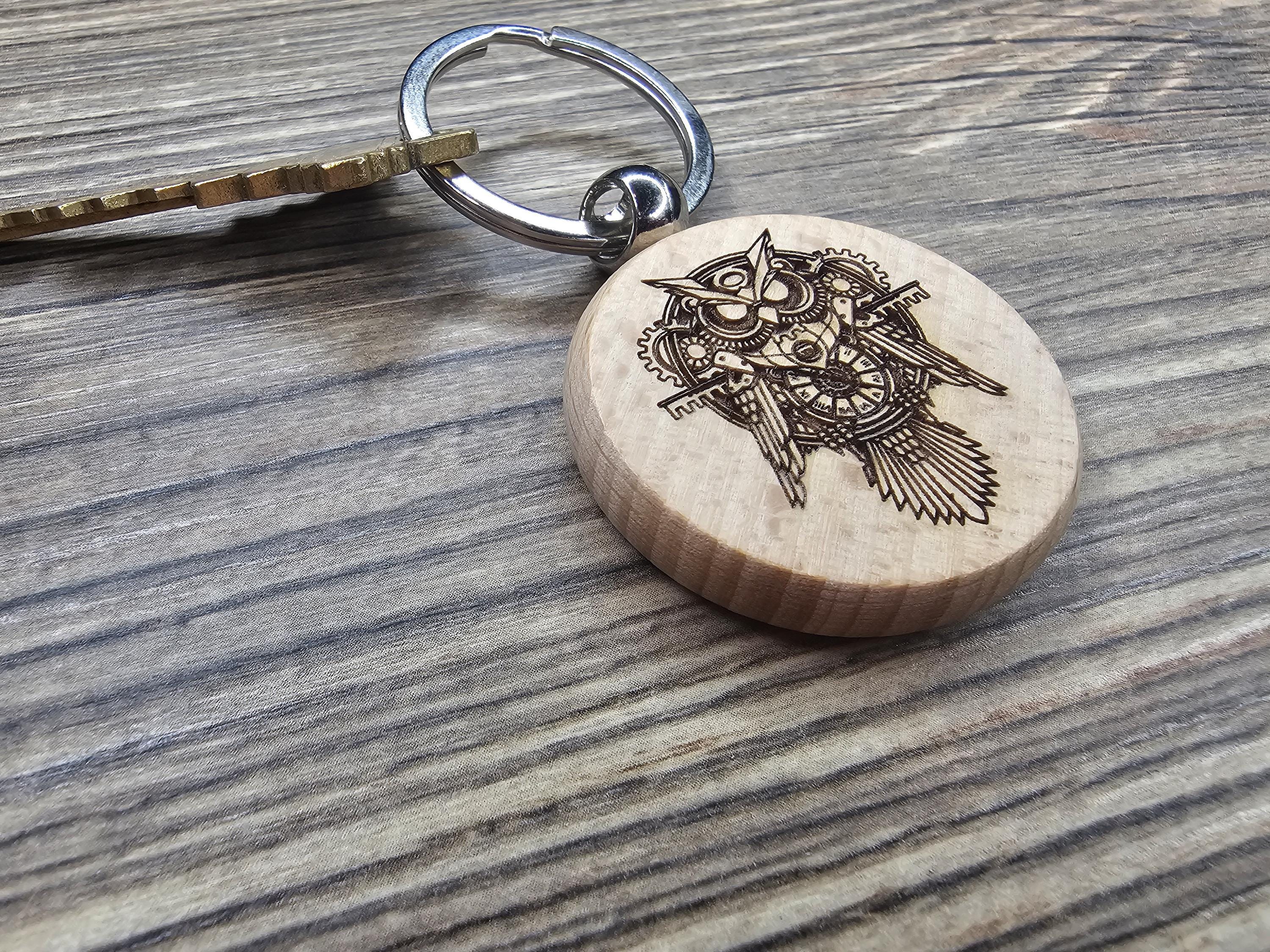 Steampunk Owl Keychain – Double Sided Charm | Engraved Hardwood Keepsake
