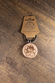 Peony Wood Keychain – Laser Engraved Floral Wood Charm with Stainless Steel Ring