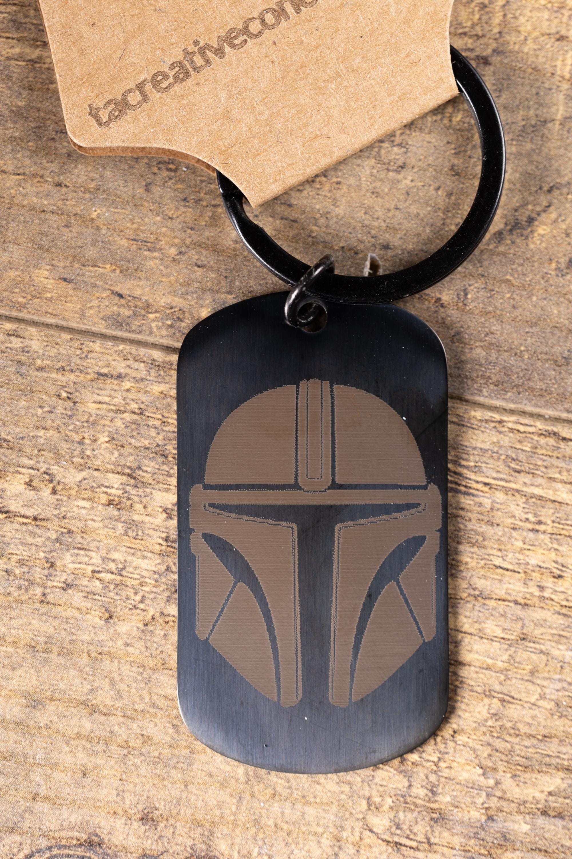 Mandalorian Keychain - Black Stainless Steel, Laser Engraved Double-Sided Design