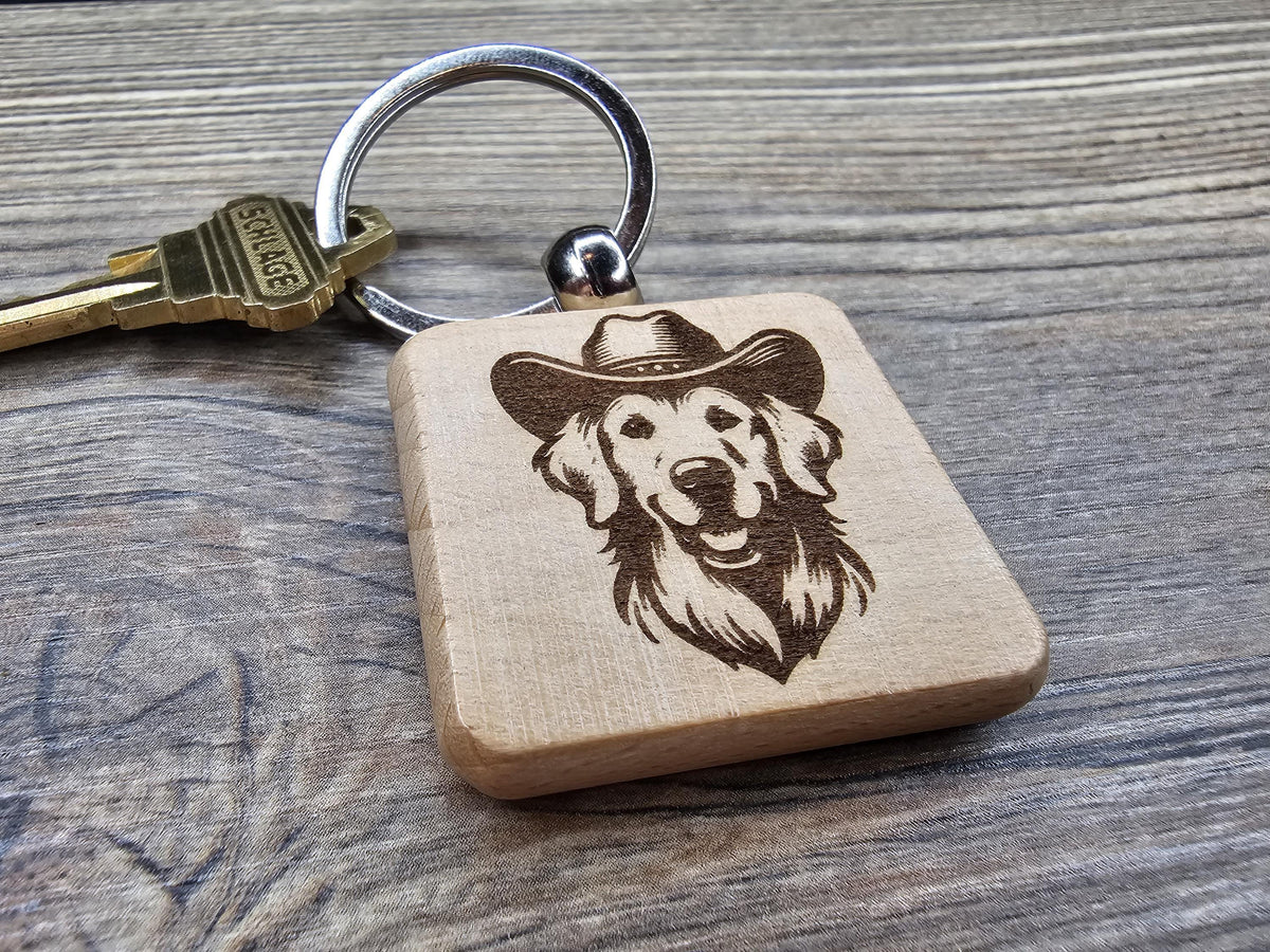 Golden Retriever Keychain – Laser Engraved Wood Cowboy Hat Charm, Durable Hardwood