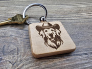 Golden Retriever Keychain – Laser Engraved Wood Cowboy Hat Charm, Durable Hardwood