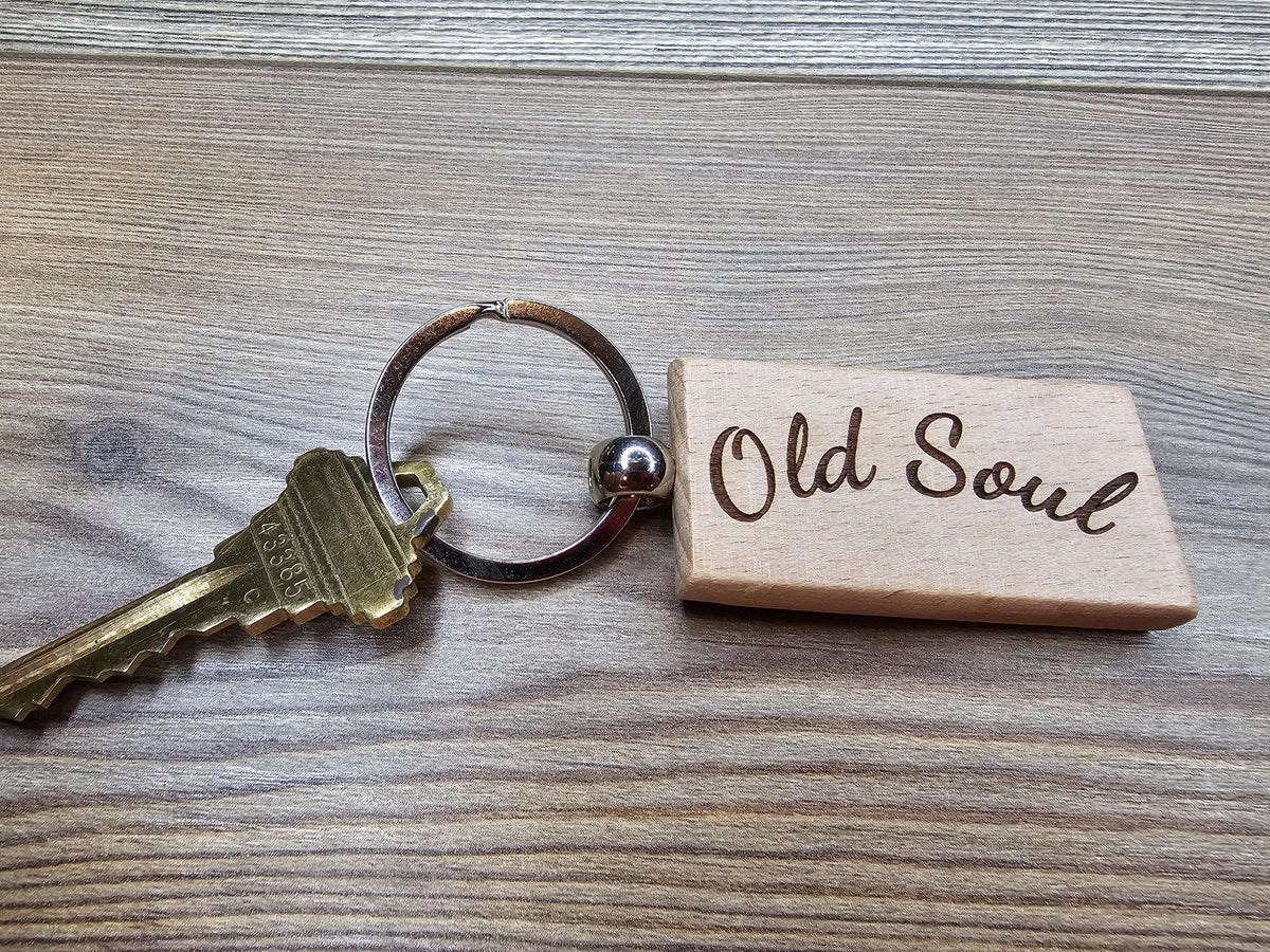 Engraved Hardwood Keychain - Old Soul Vintage Style Charm with Steel Ring