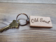Engraved Hardwood Keychain - Old Soul Vintage Style Charm with Steel Ring