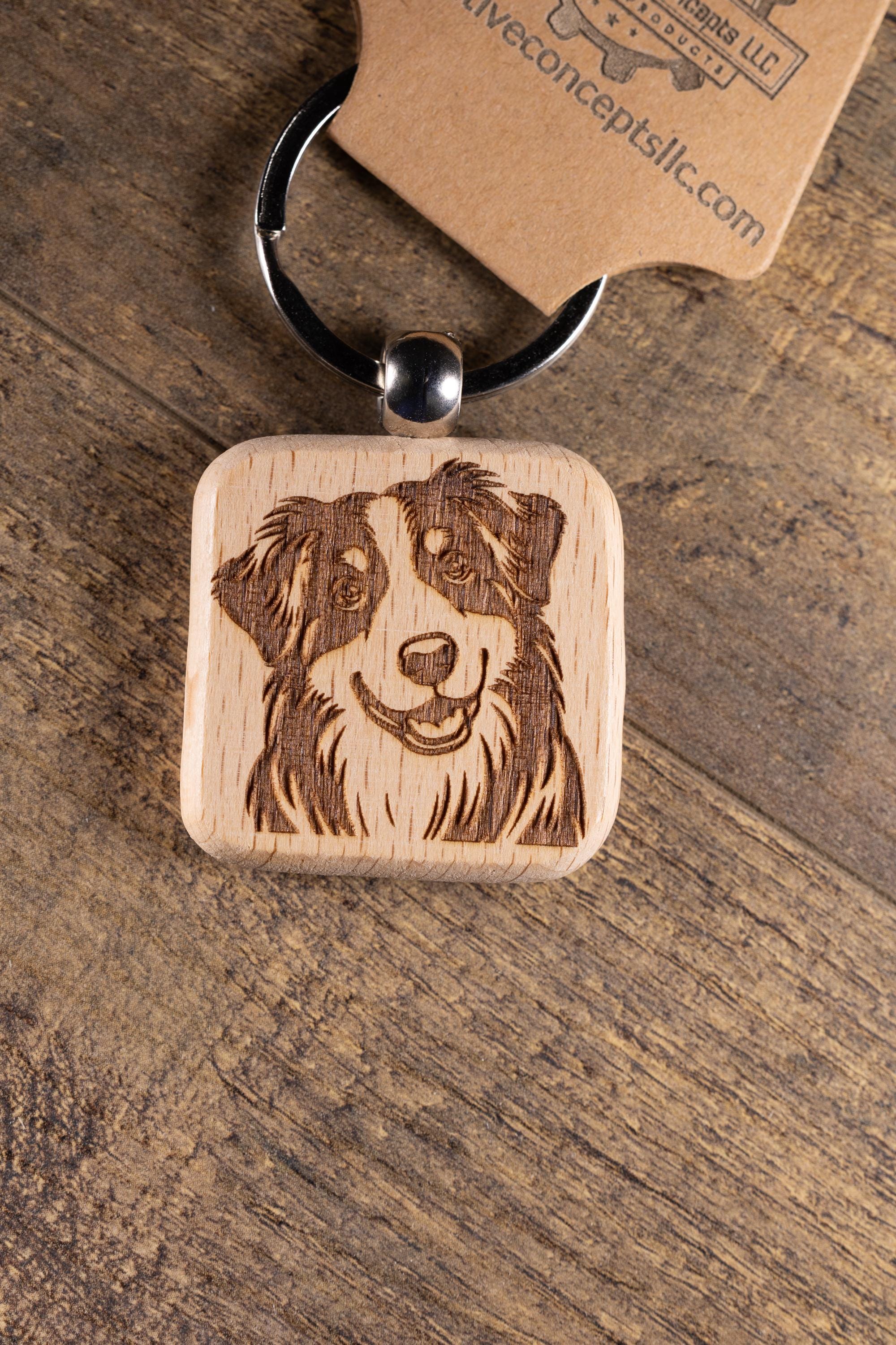 Australian Shepherd Keychain – Laser Engraved Hardwood Dog Lover Gift Idea