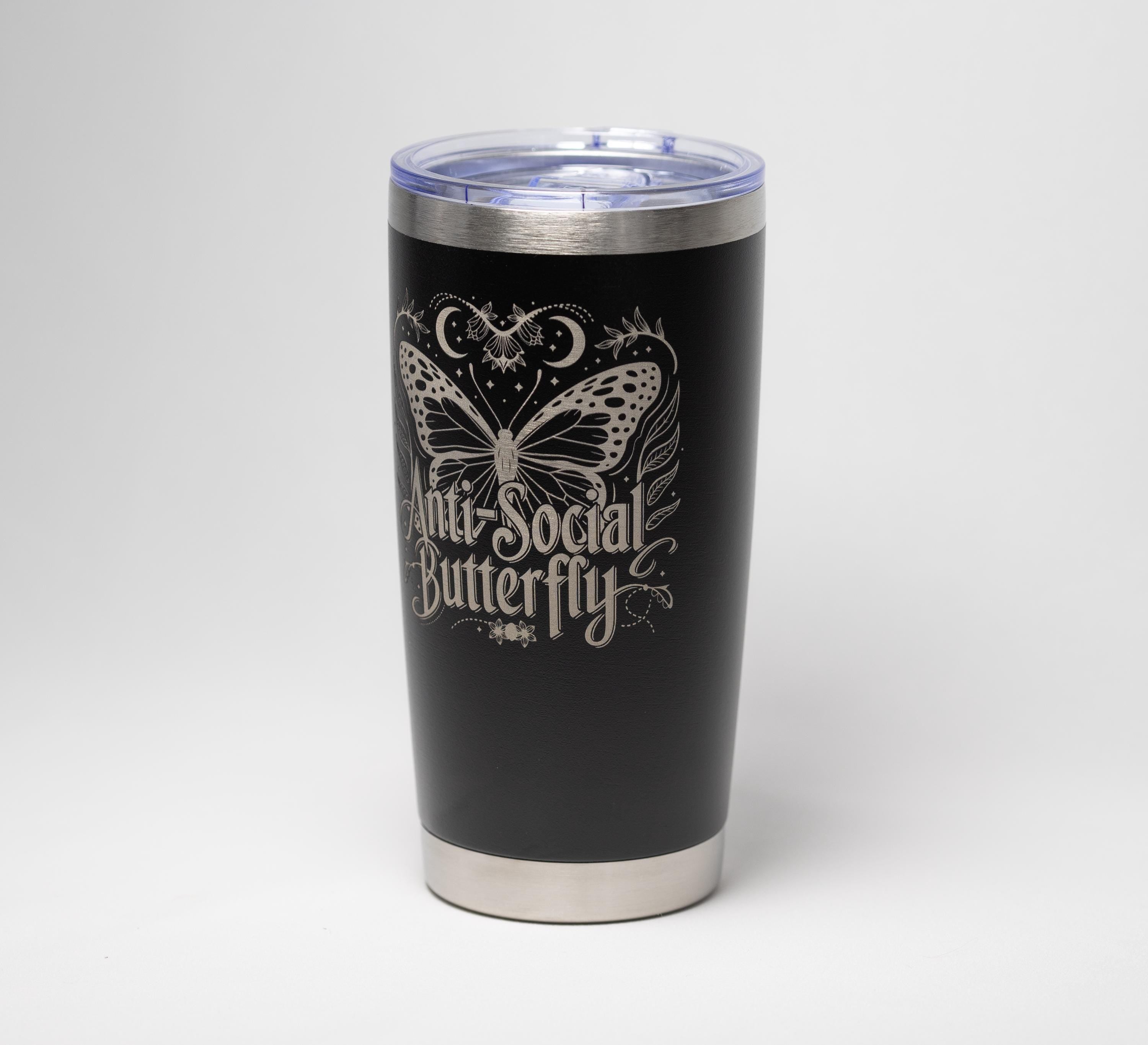 Insulated Travel Tumbler – Laser Engraved Butterfly Design, Custom Powder Coated, 20oz