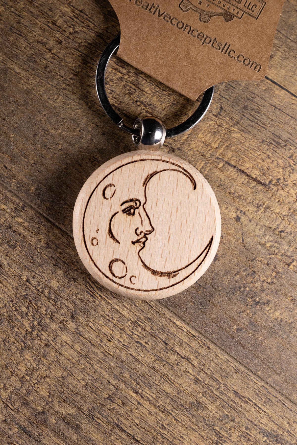 Wooden Moon Keychain – Laser Engraved Celestial Charm with Stainless Steel Hardware