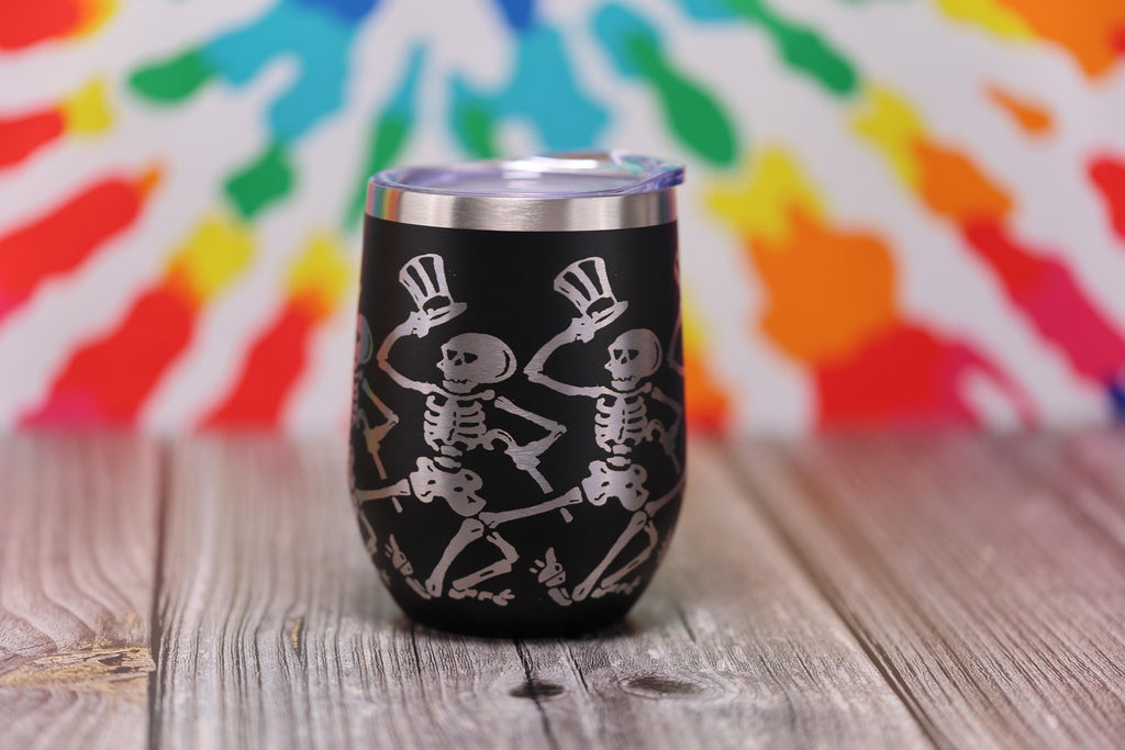 Dancing Skeleton Wine Tumbler - Laser Engraved, Double Wall Vacuum Cup, Custom Color