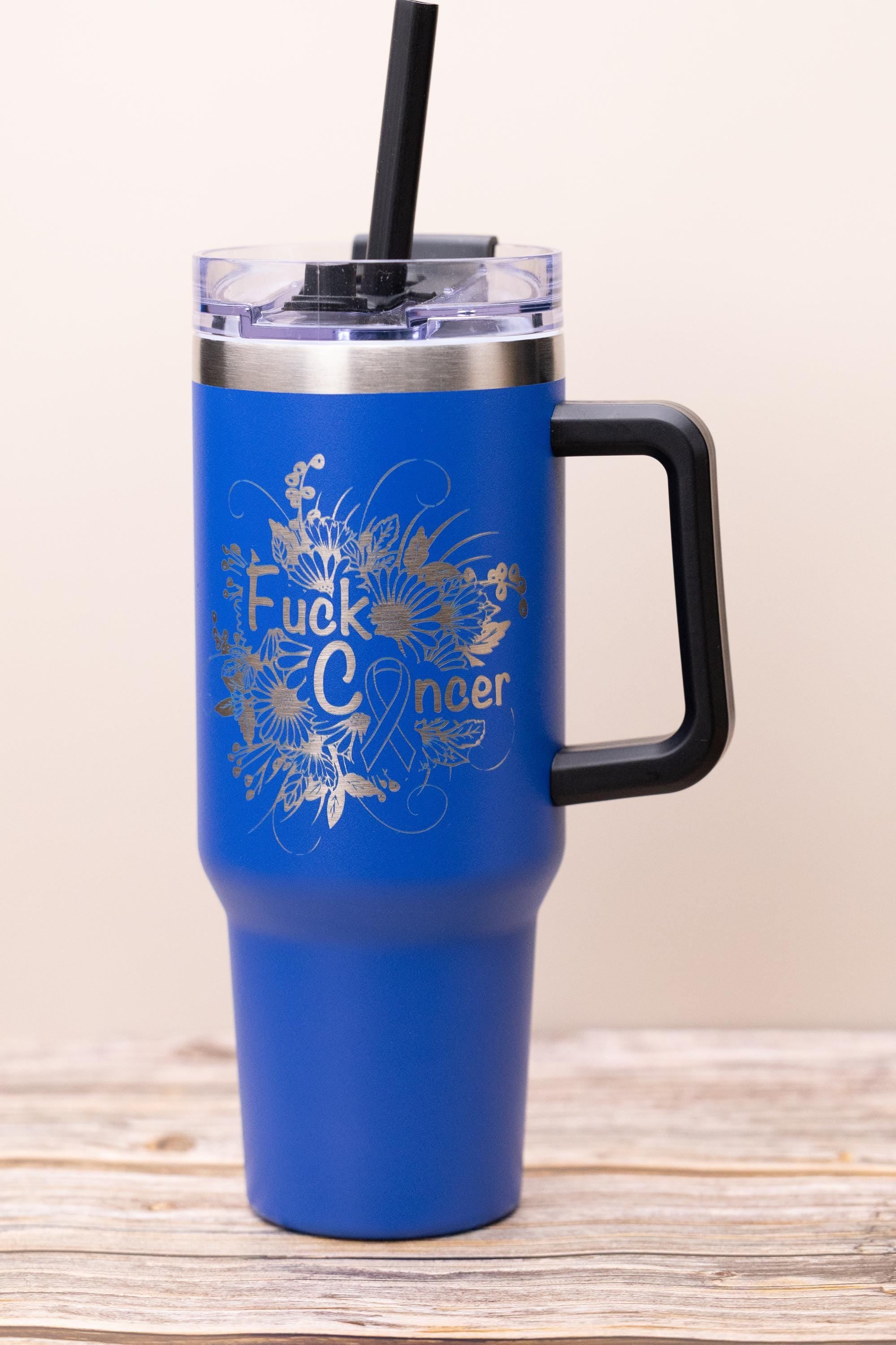 Fuck Cancer Tumbler - Stainless Steel Vacuum Insulated Drink Cup With Handle & Straw Lid