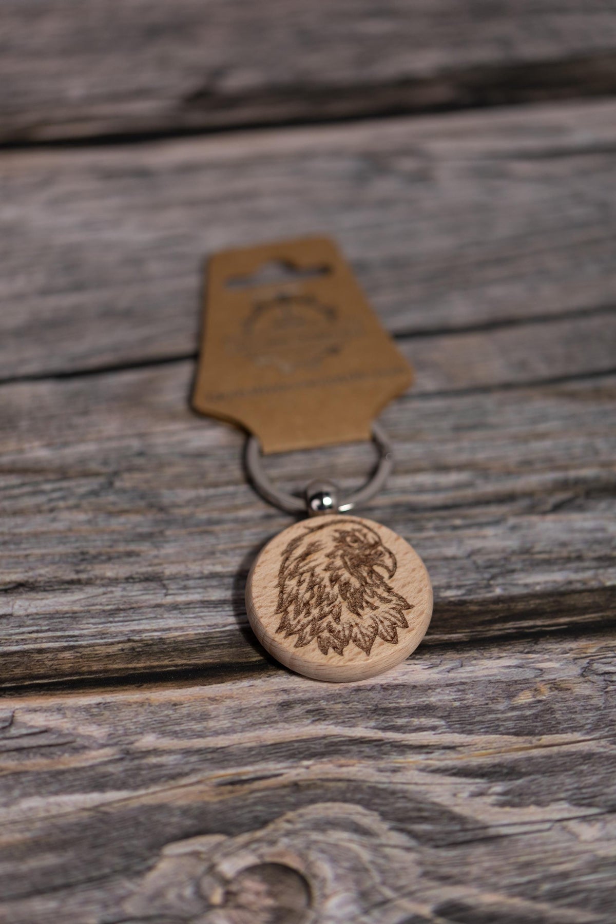 Hardwood Eagle Keychain - Rustic Laser Engraved Charm with Stainless Steel Hardware