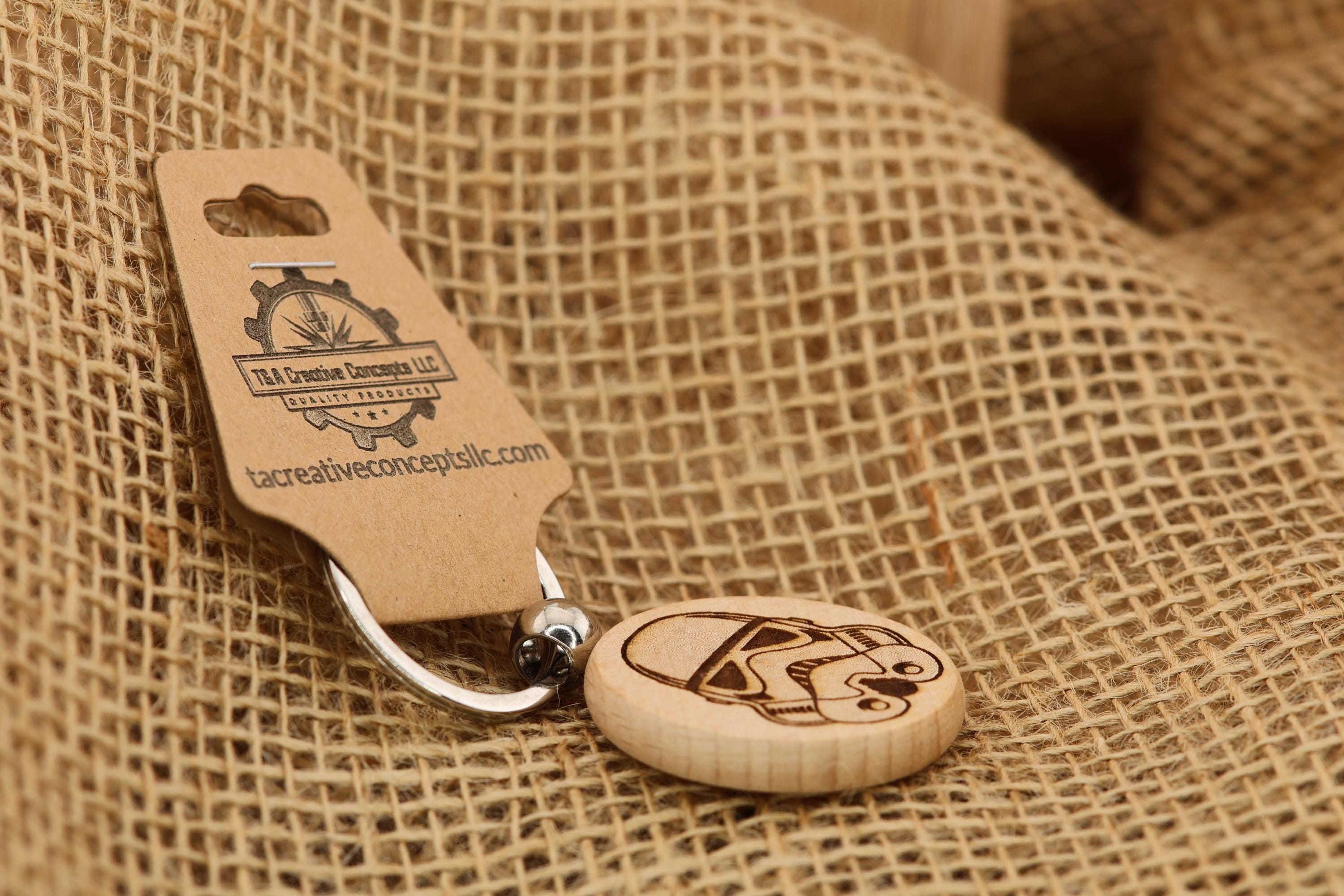 Stormtrooper Keychain - Hardwood Double-Sided Laser Engraved Design with Rust Resistant Ring