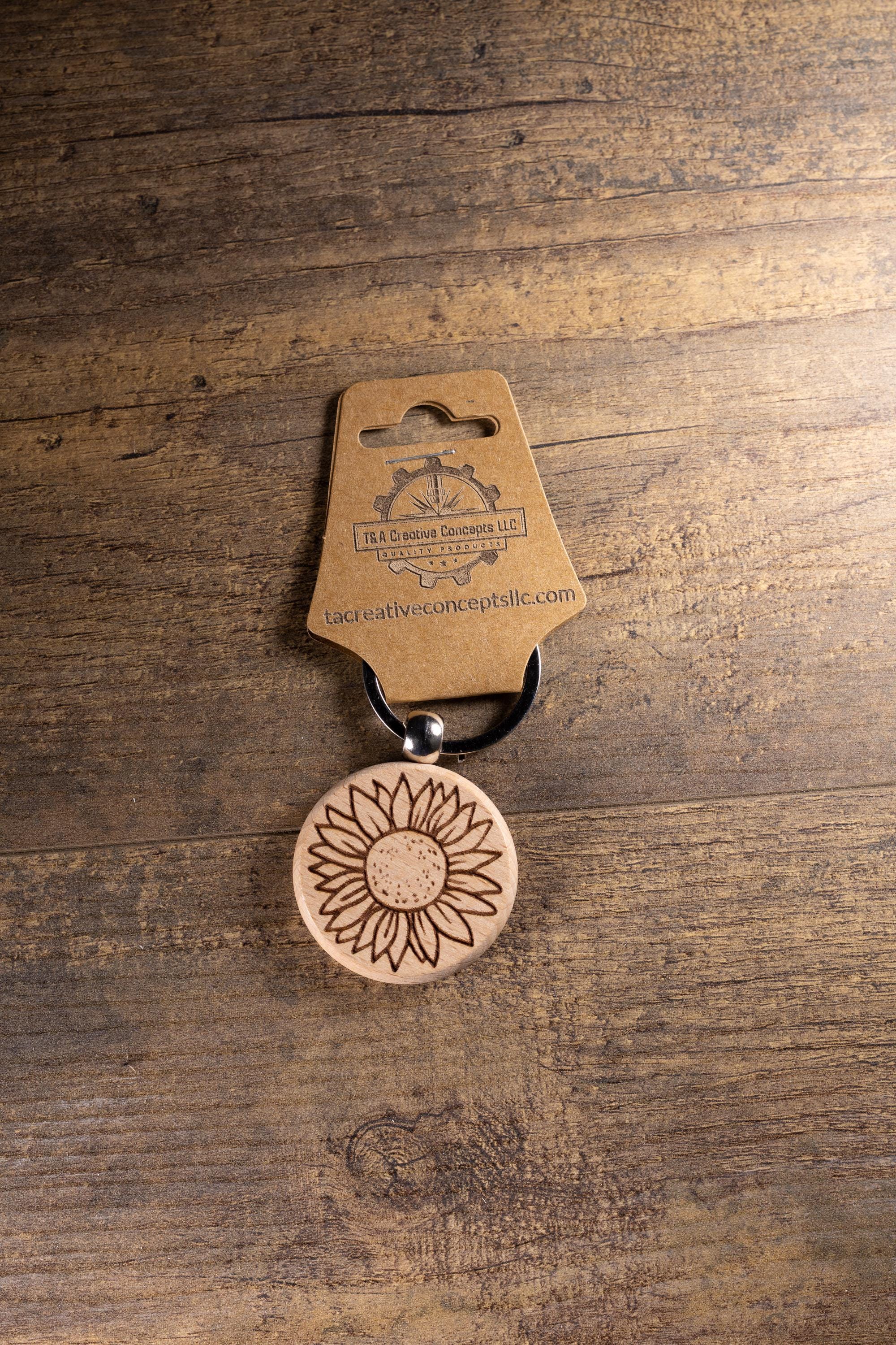 Sunflower Keychain – Laser Engraved Wood Hardwood Accessory with Stainless Steel Hardware