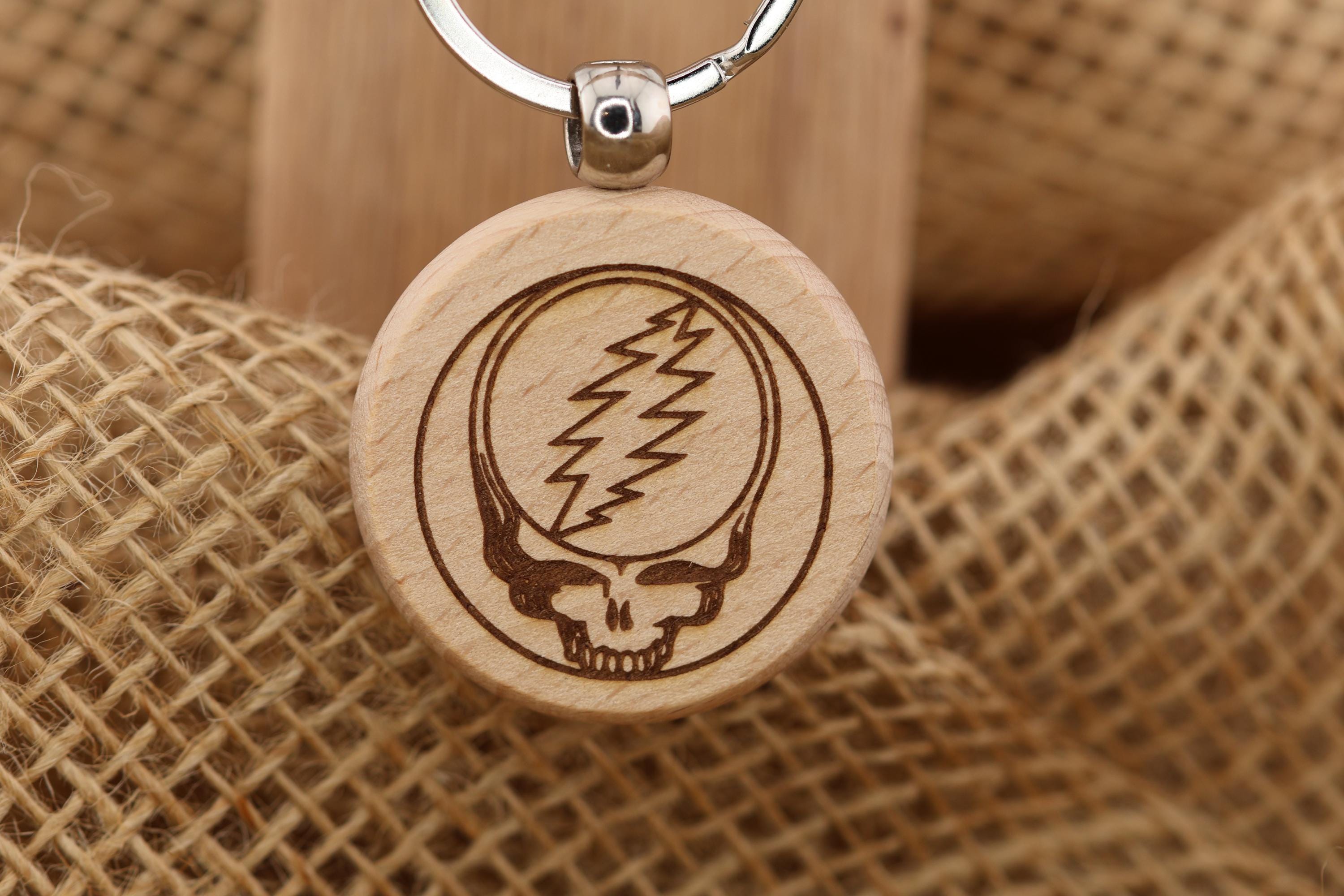 Deadhead Wood Keychain – Double Sided Laser Engraved Steal Your Face Logo Charm