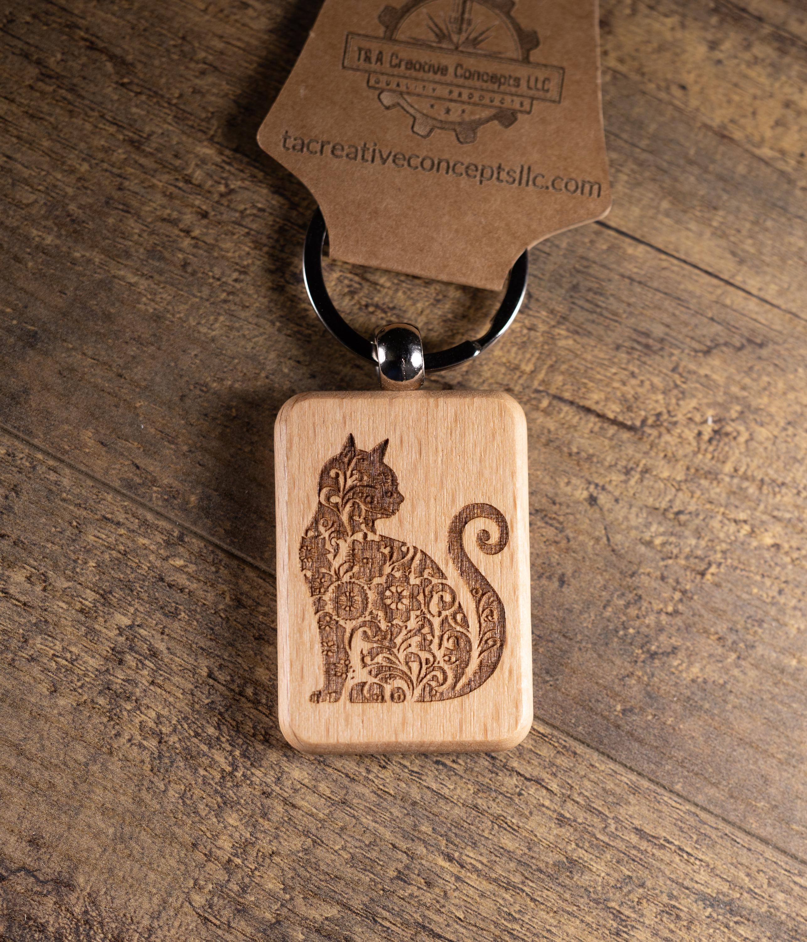 Cat Keychain – Handmade Hardwood Bag Charm with Laser Engraved Wood Design