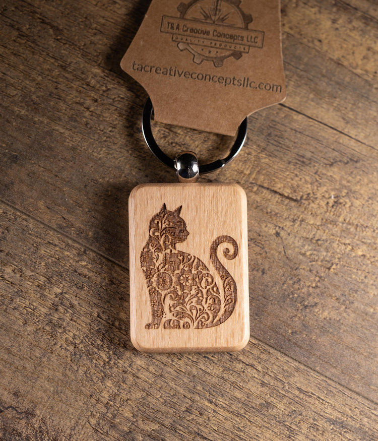 Cat Keychain – Handmade Hardwood Bag Charm with Laser Engraved Wood Design