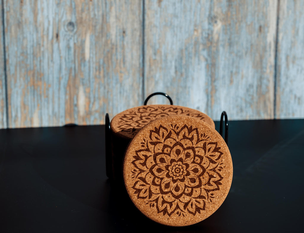 Mandala Cork Coasters Set - Laser Engraved Coaster Set With Holder | Boho Decor