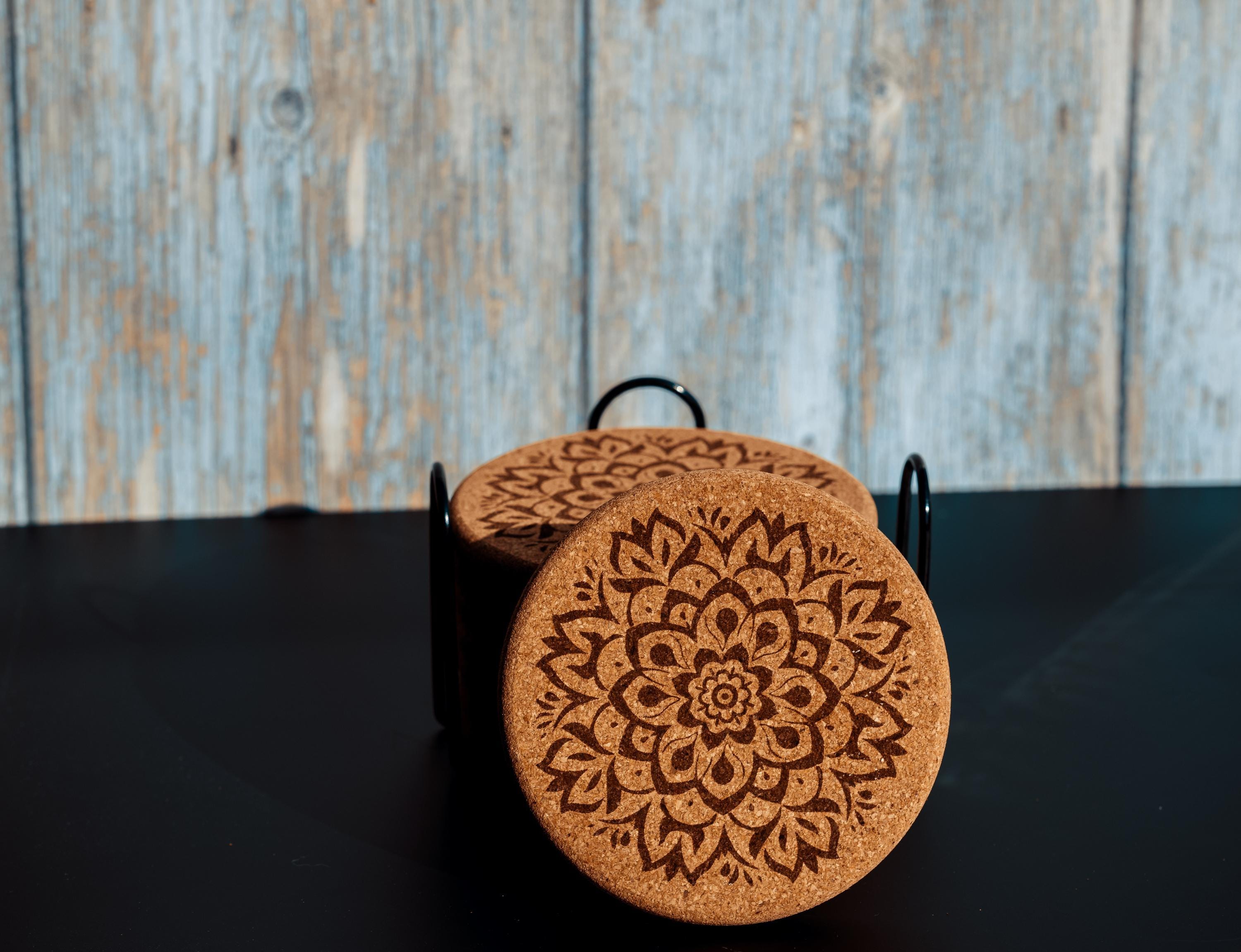 Mandala Cork Coasters Set - Laser Engraved Coaster Set With Holder | Boho Decor