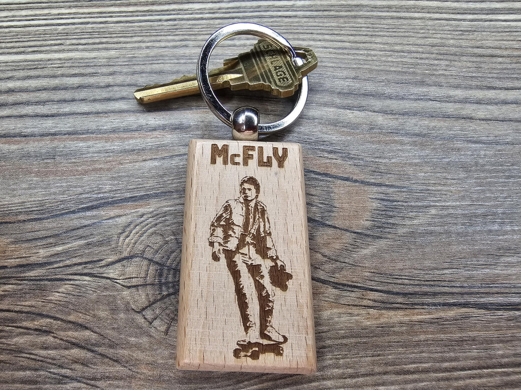 Back to the Future Keychain – Double Sided Laser Engraved Hardwood Bag Charm
