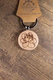 Peony Wood Keychain – Laser Engraved Floral Wood Charm with Stainless Steel Ring