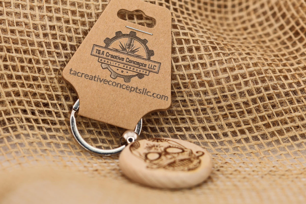 Day of the Dead Keychain - Laser Engraved Hardwood Sugar Skull Design Charm