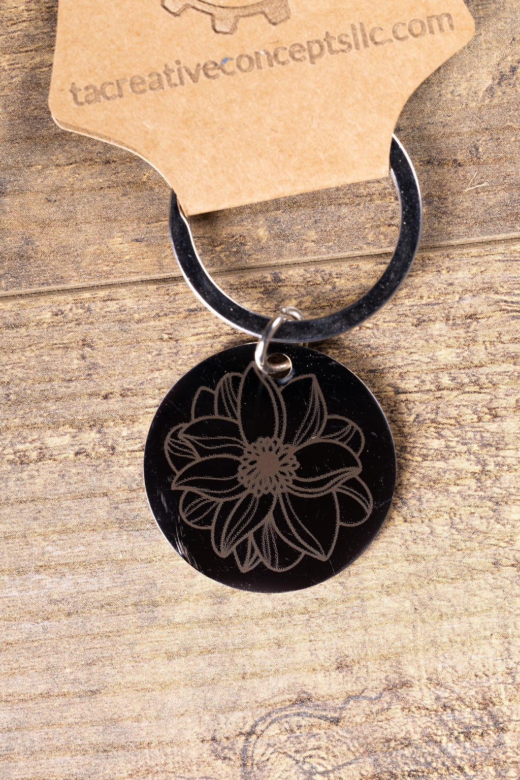 Mandala Flower Keychain – Black Stainless Steel, Double-Sided Engraved Charm