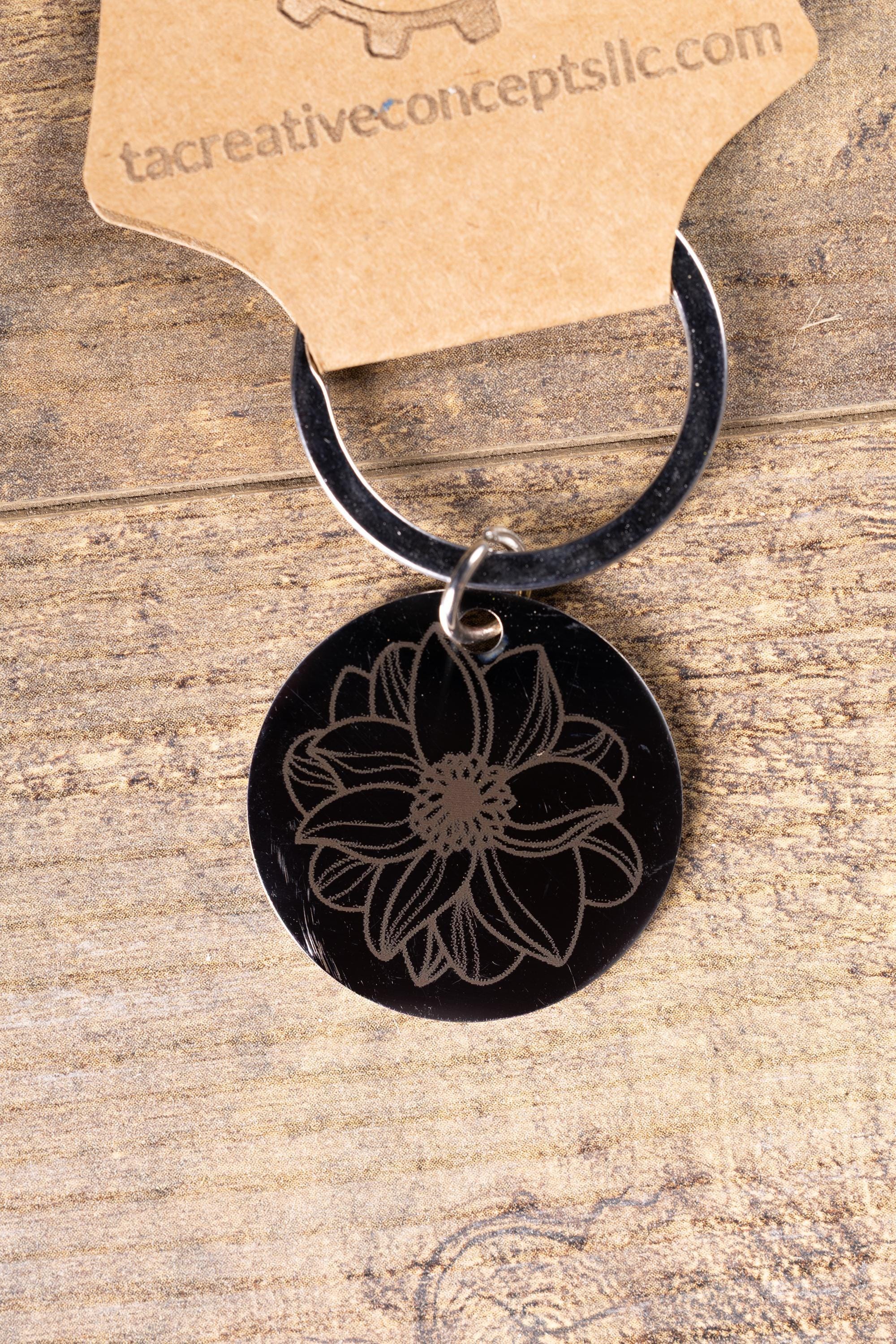 Mandala Flower Keychain – Black Stainless Steel, Double-Sided Engraved Charm
