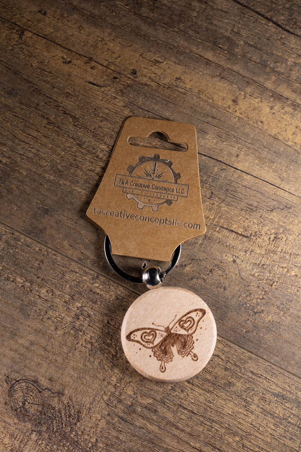 Laser Engraved Keychain - Solid Hardwood Butterfly Bag Charm with Stainless Steel Ring